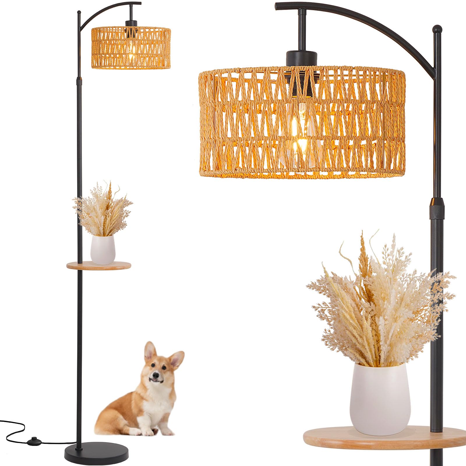 Boho Floor Lamp, Rattan Floor Lamp with Shelf, Bohemian Bamboo Wicker Coastal Rustic Farmhouse Woven Tropical Wood Tall Standing