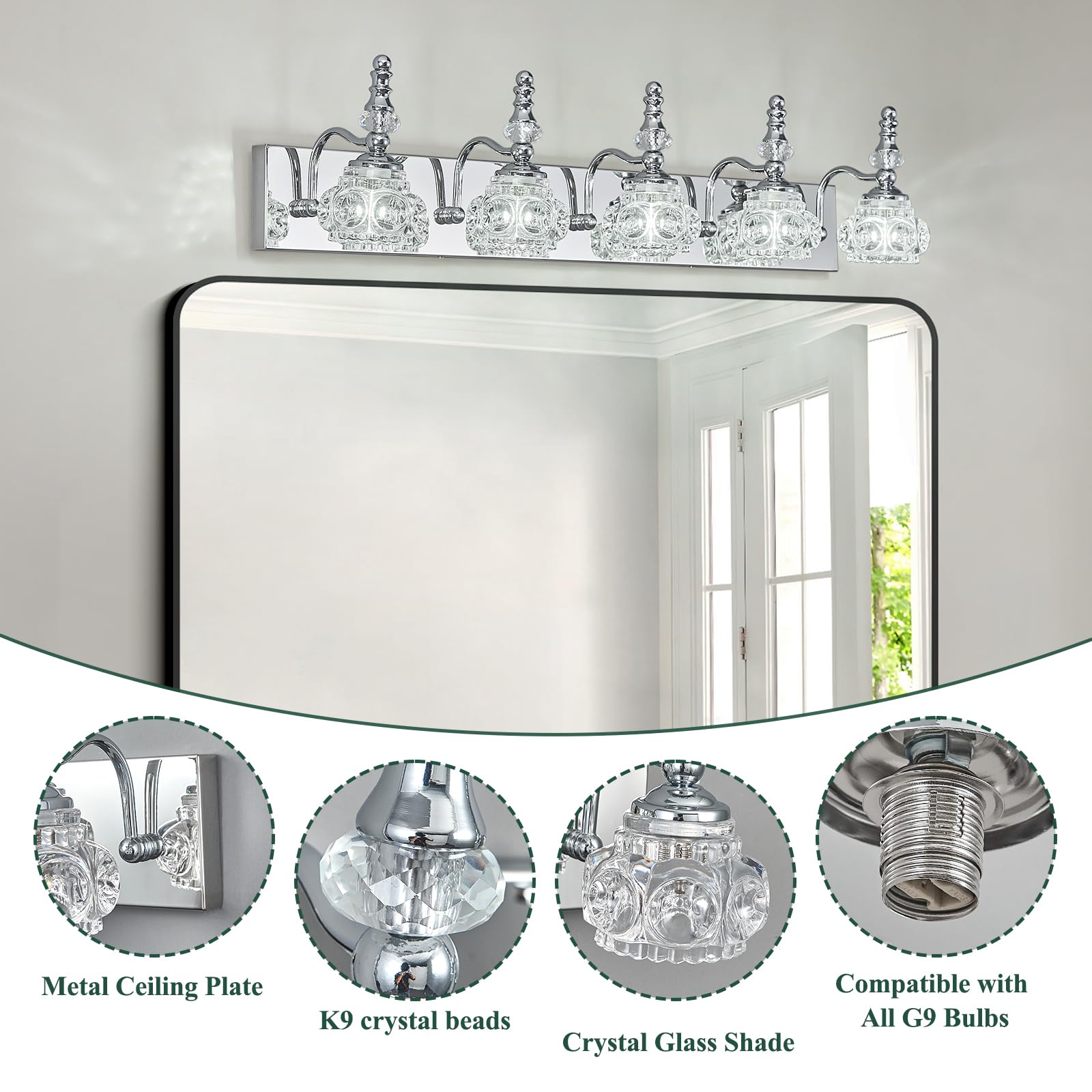 Lbsqj Modern Glass Crystal Vanity Light - Vintage Bathroom Lighting Fixtures Over Mirror  5 Light Vanity Lights  G9 Bulb (35.43 Inch  Chrome)