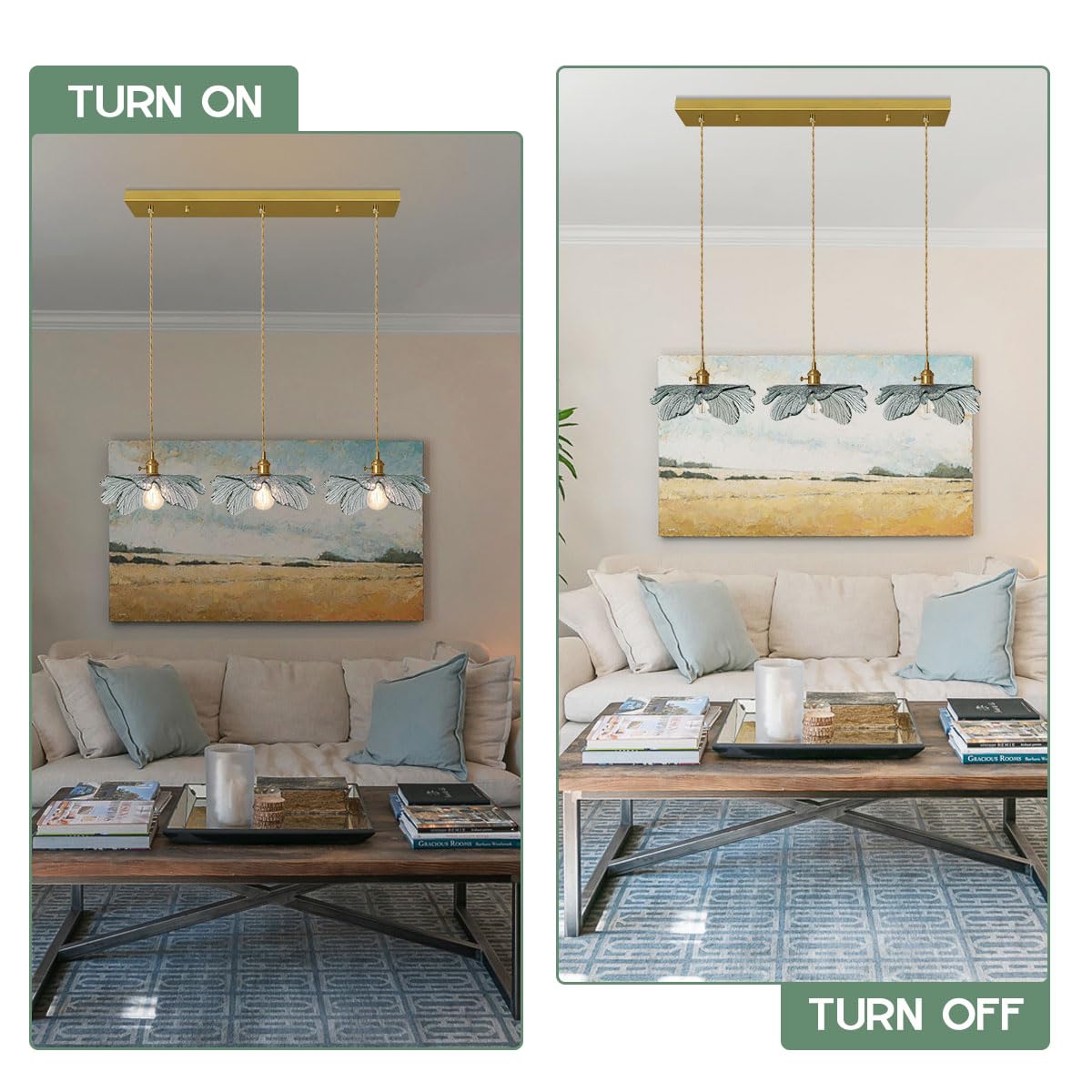 Auwieou Modern Pendant Light Hand Blown 3 Light Large Glass Chandelier Brass Pendant Light Farmhouse Vintage Hanging Lighting Wi