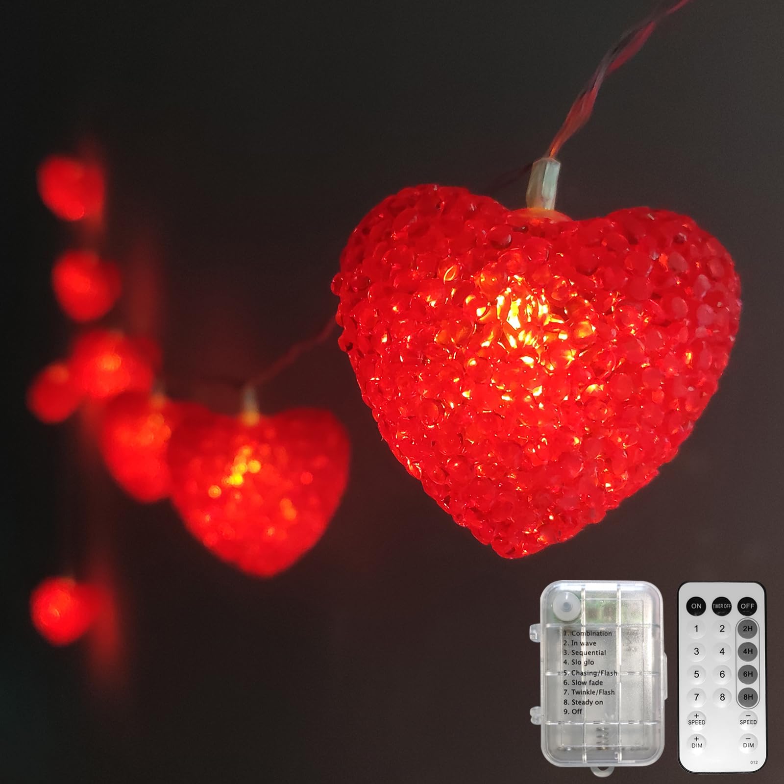 Valentines Day Lights Battery Powered 6.8Ft 10 LED Shatterproof Red Heart String Lights with Remote Timer, Outdoor Valentine Hea