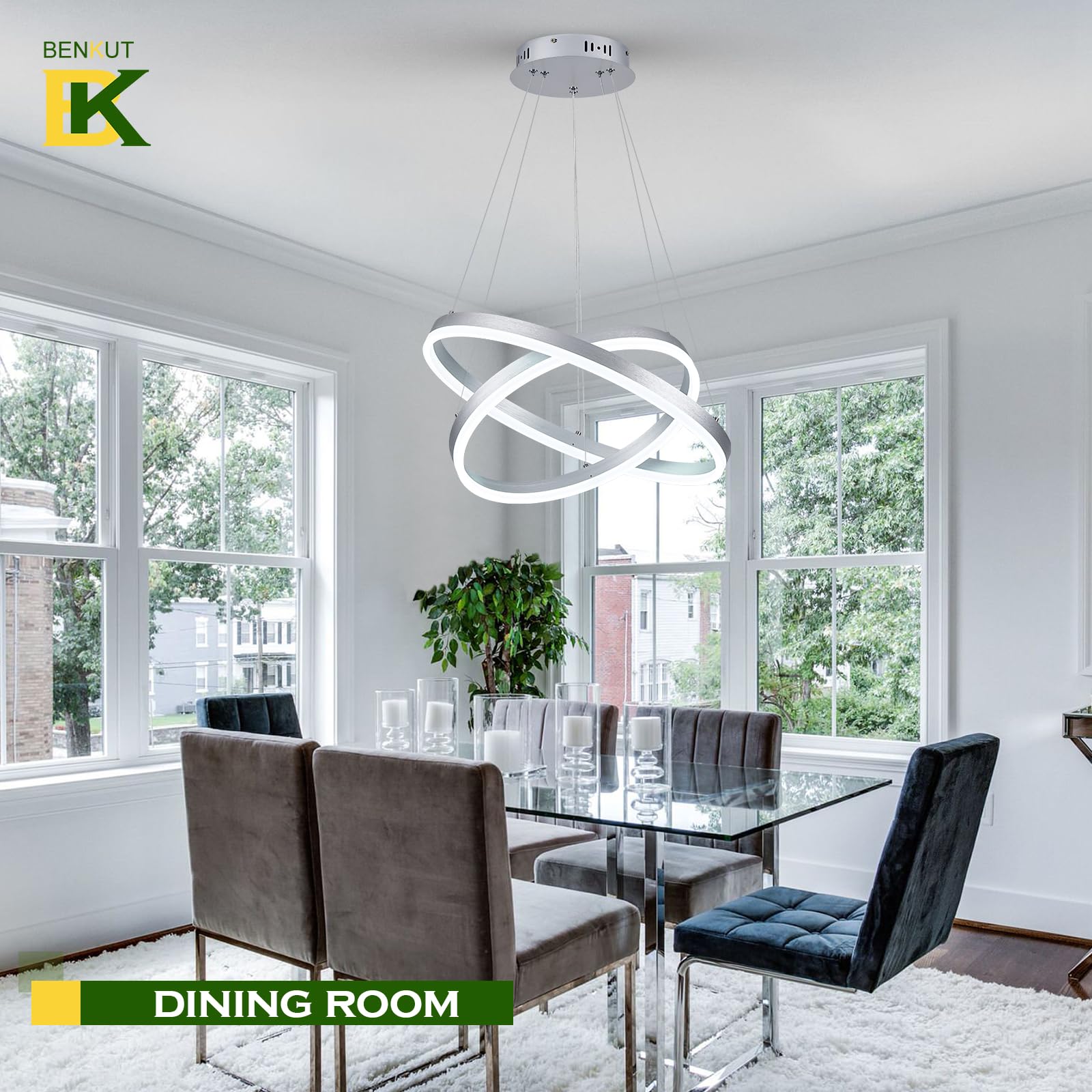 Benkut 2-Rings Modern Led Chandelier Silver For Dining Room, Circular Flush Mount Ceiling Chandelier Light Dimmable Pendant Light With Remote Control For Living Room Entrance Foyer, 3000K-6500K