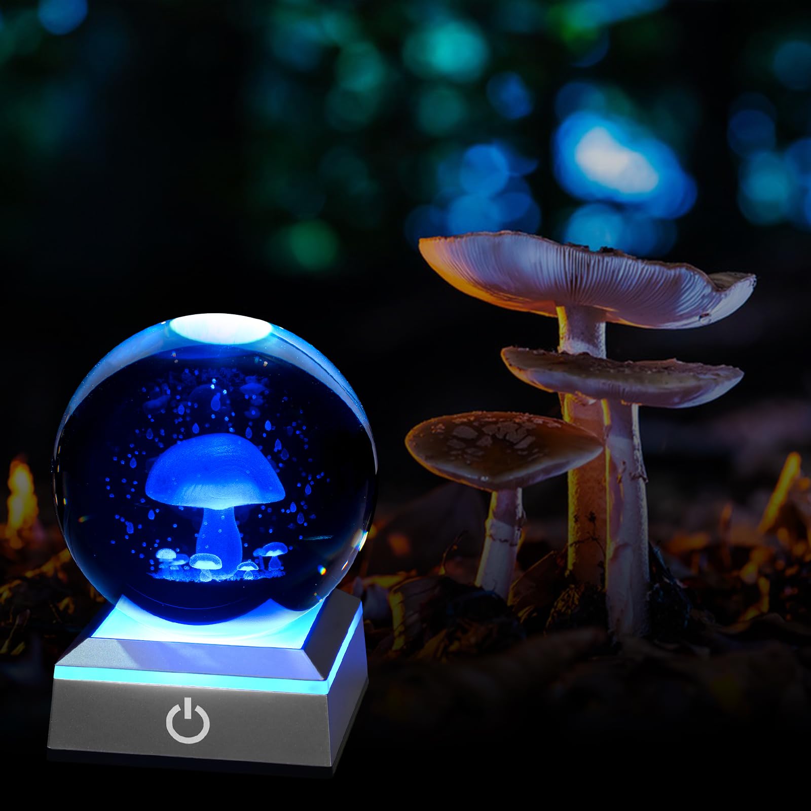 Eicxjui 3D Mushroom Crystal Night Light With Multicolor Led Base Glass Laser Engraved Mushroom Figurines Gifts For Boys Girls Lo