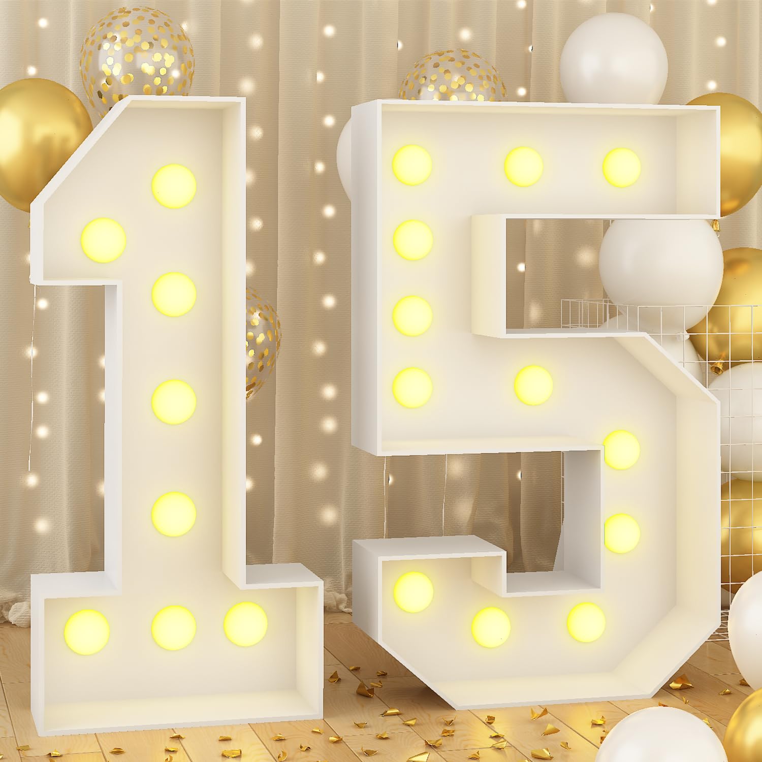 4ft Light Up Numbers 15 Large Numbers with Lights Bulbs White Marquee Frame for 15th Party Boys Girls Birthday Decorations Pre-Cut Mosaic Cardboard Giant Cut-Out Thick Foam Board Sign Anniversary