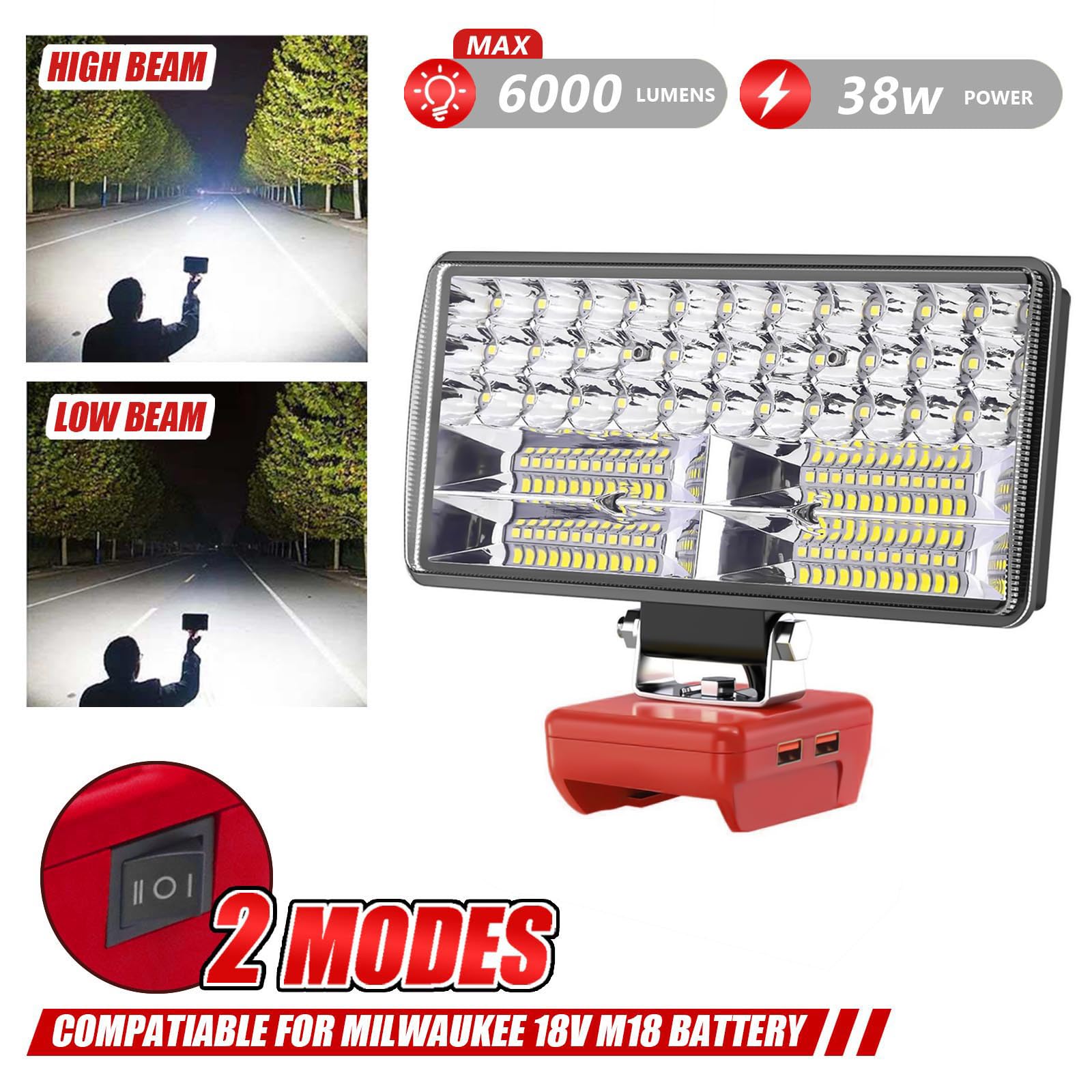 Max 6000 Lm 38W 2 Modes Cordless Led Light Compatible With Milwaukee M18 18V Battery, 2X2.1A Usb Led Work Light Wide Beam Flood