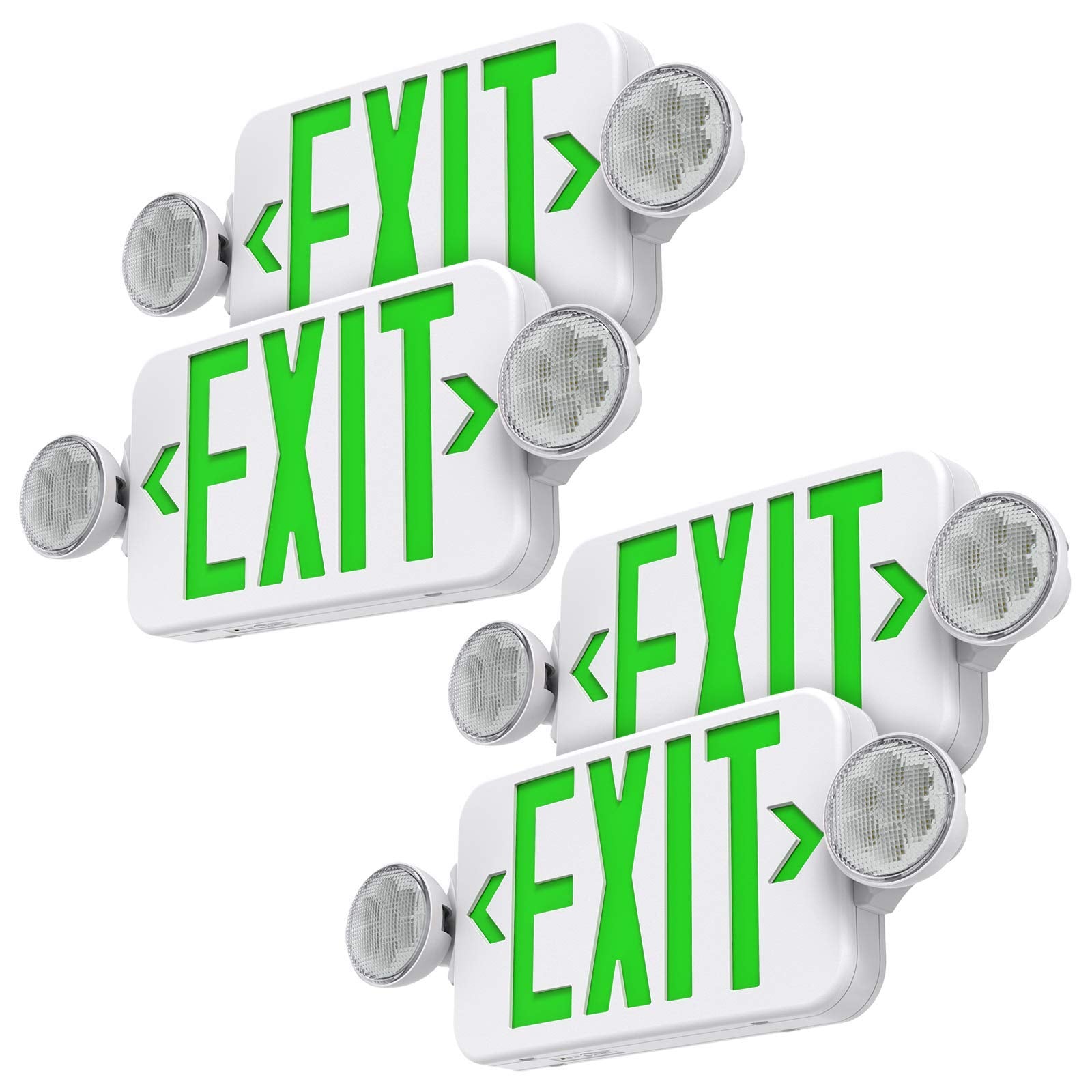 SASELUX Green Led Exit Sign Emergency Light Combo Adjustable Two Head, Double Sided and Battery Backup Exit Light, Contractor Se