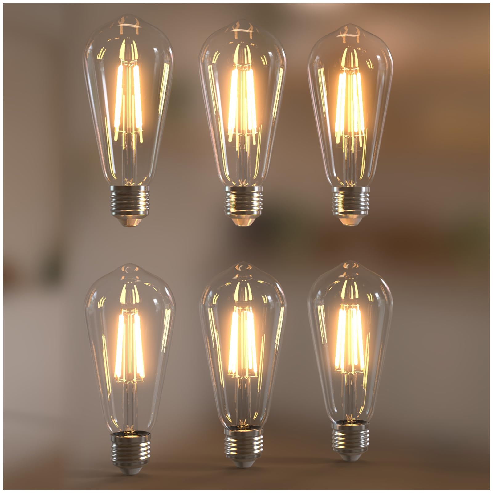 Jensense Edison Bulbs 6W E26 LED Light Bulbs, Dimmable, 2700K Warm White, 6 Pack, Glass
