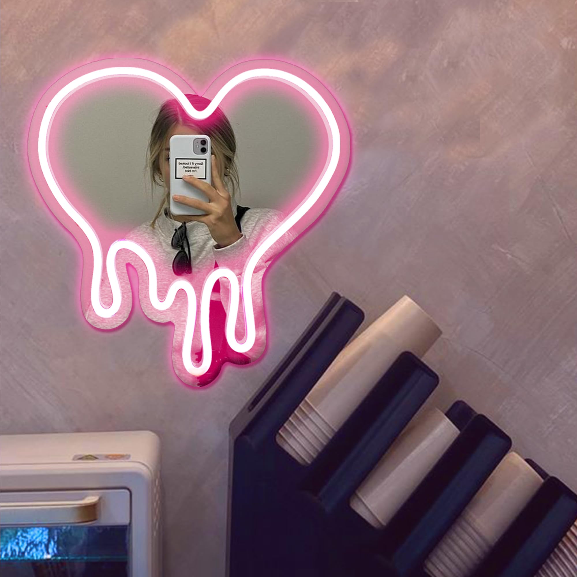 DECANIT Heart Neon Sign - USB Powered LED Light, 12inx12in, Pink Decorative Wall Mirror, Ideal for Bedroom and Party Decor, Model NN-0038