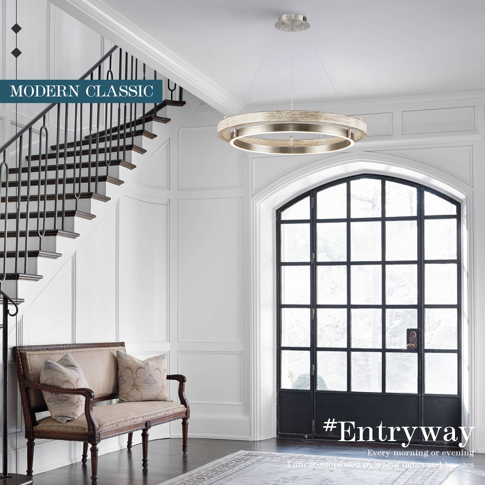 Led Ring Chandelier Weathered Wood Nickel Chandelier Dimmable Round Foyer Chandeliers Light Farmhouse Circular Chandeliers For D