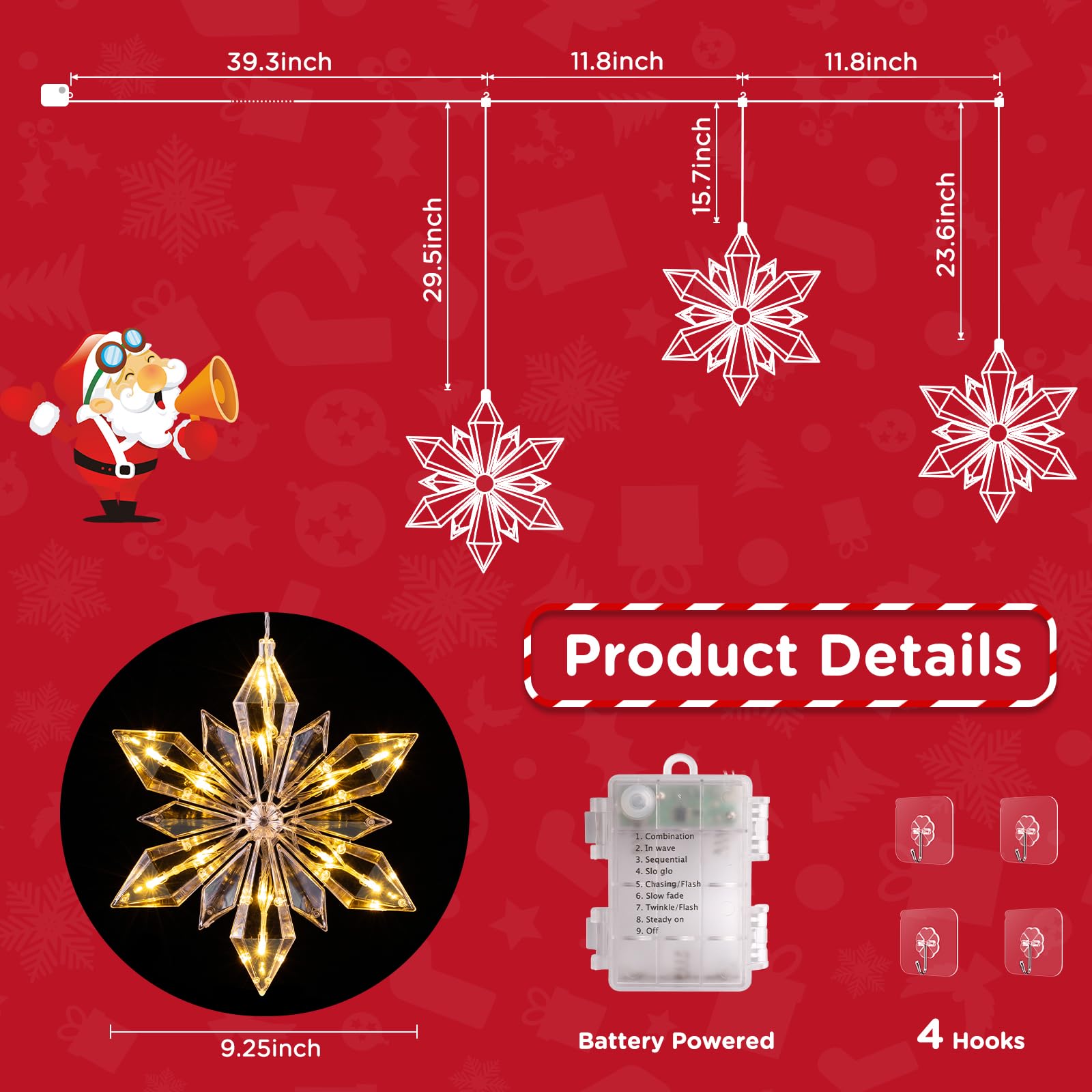 Marchpower Christmas Snowflake Window Lights, 3Pack 36Led Battery Powered Christmas Window Lights, Waterproof Snowflake Curtain Lights With Timer & 8 Modes For Indoor Outdoor Xmas Decor