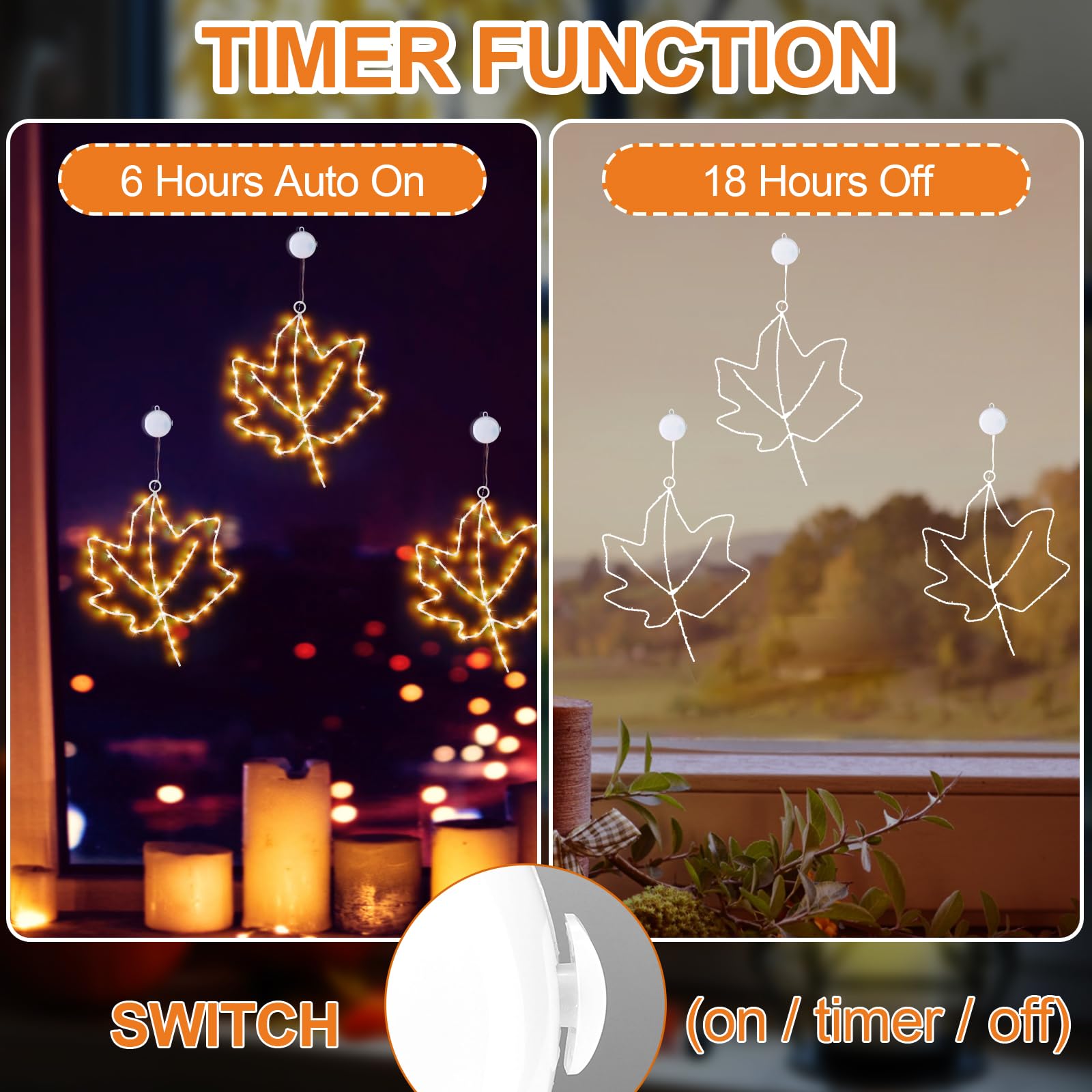 LHYLDS 3Pcs Battery Operated Maple Leaf Window Lights, Metal Frame, Yellow, Model XPD-07, Timer for Thanksgiving Decor