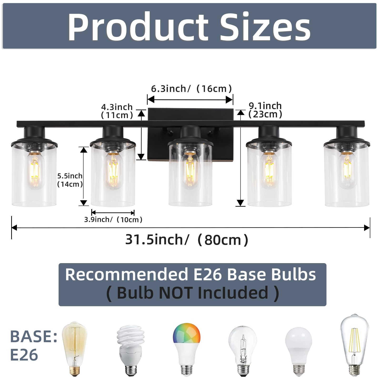 LOUSACE 5 Light Bathroom Vanity Light, Matte Black Metal Fixture with Clear Glass Shade, Model 21-5-BL