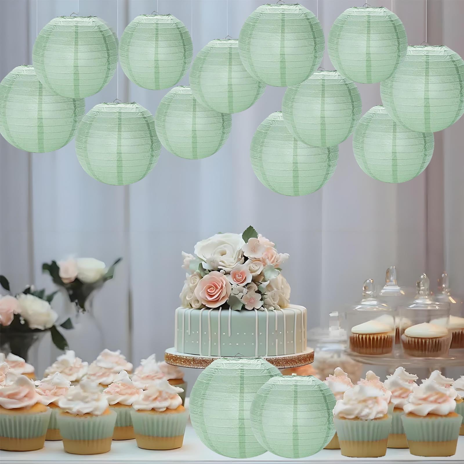 Prxififeq Dusty Sage Green Paper Lanterns 12Pcs Hanging Round Paper Lanterns Decorative For Graduation Baby Shower Wedding Birth