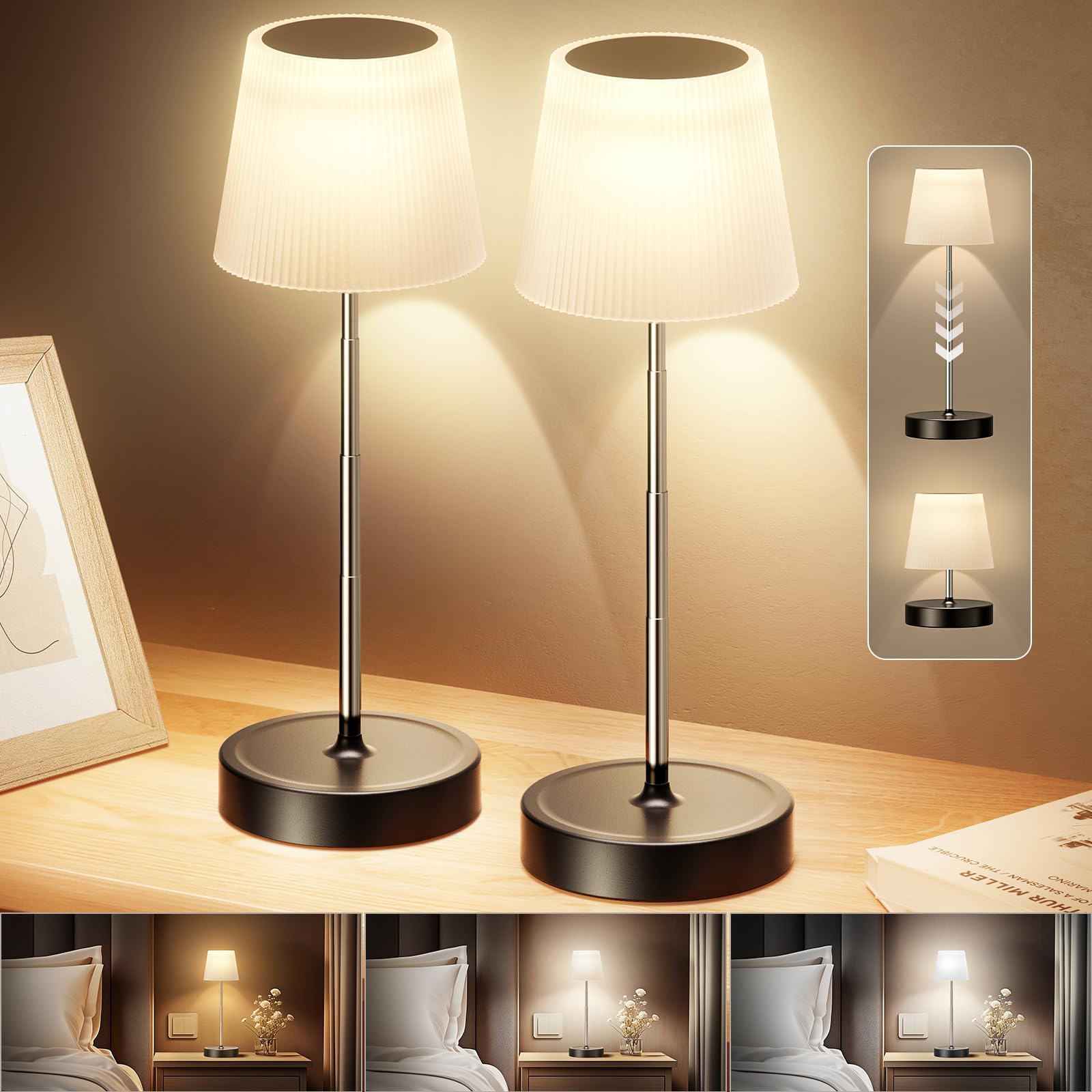 2 Pack Cordless Table Lamps, Portable Retractable Light Pole Desk Lamp, 3000Mah Battery Operated Lights, 3 Color Stepless Dimmin