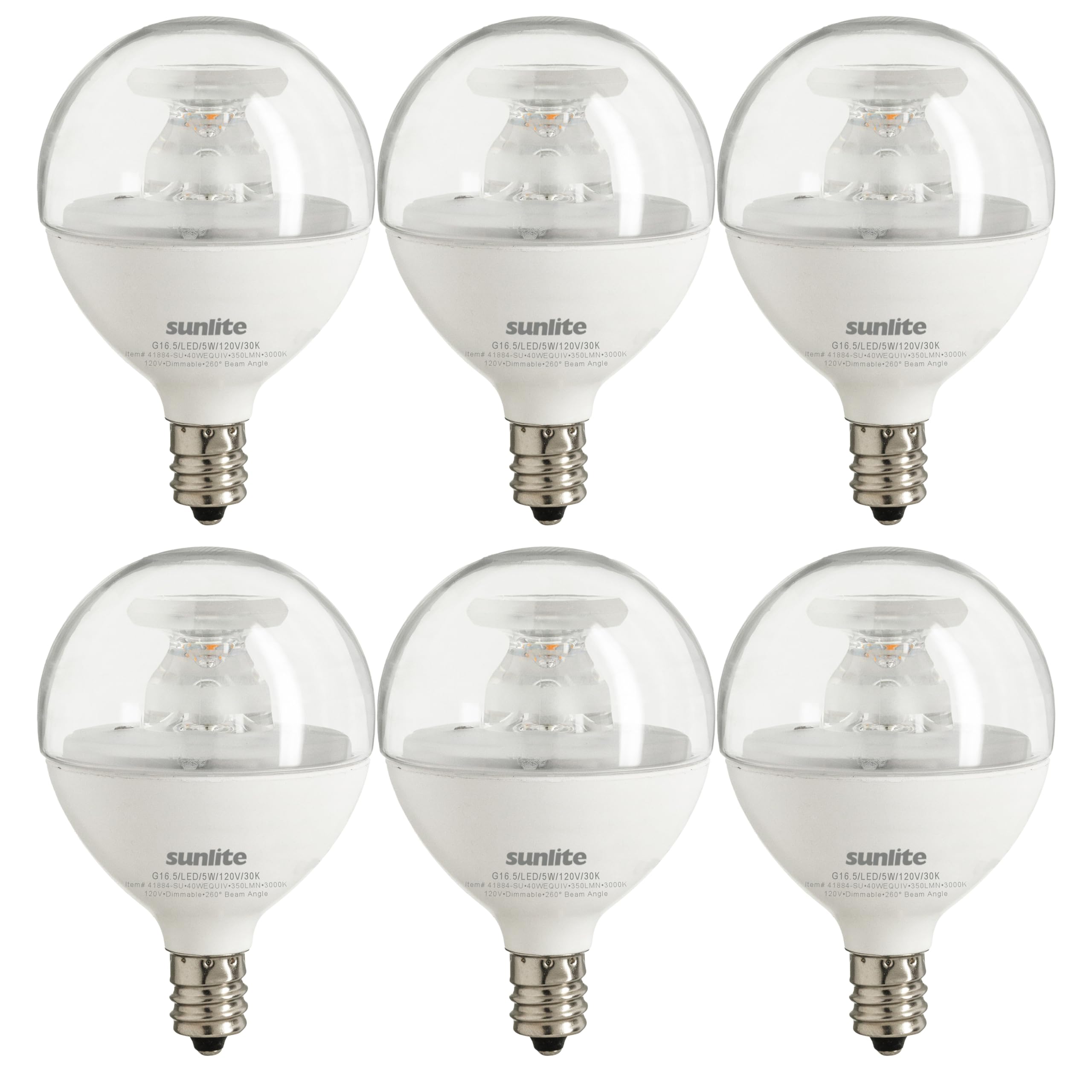 Sunlite G16.5 LED Light Bulb, 5W (40W Equiv.), 350 Lumens, Dimmable, E12 Base, 3000K Warm White, 