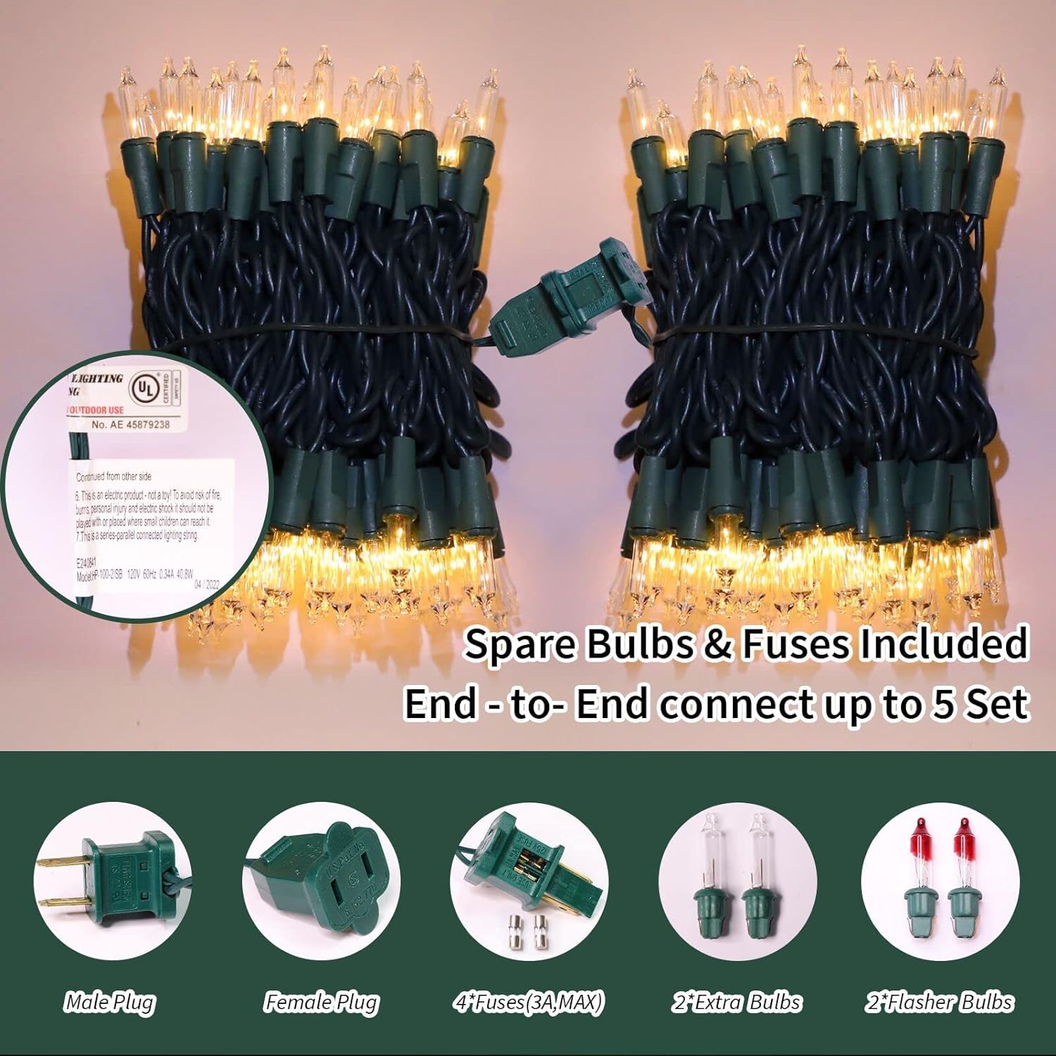 LAMPHOME Christmas Lights Set, 100 Warm White Mini Bulbs, 19.6ft Green Wire, UL Certified, Outdoor Decorative Lighting, Model LX2508-NEW