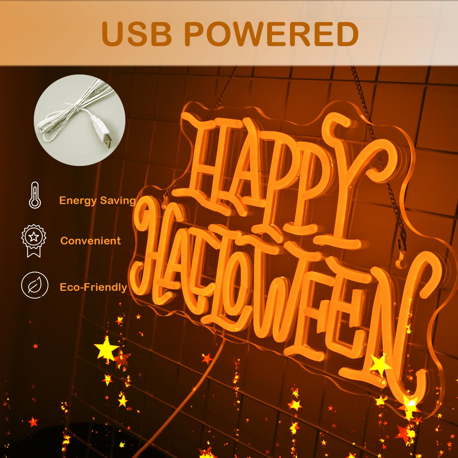 Wanxing Happy Halloween Neon Light Sign Golden Yellow Letter Led Nights For All Hallows Day Party Wall Decor Art Decorations As A Gift For Children Friends Family 16.5 * 19.4