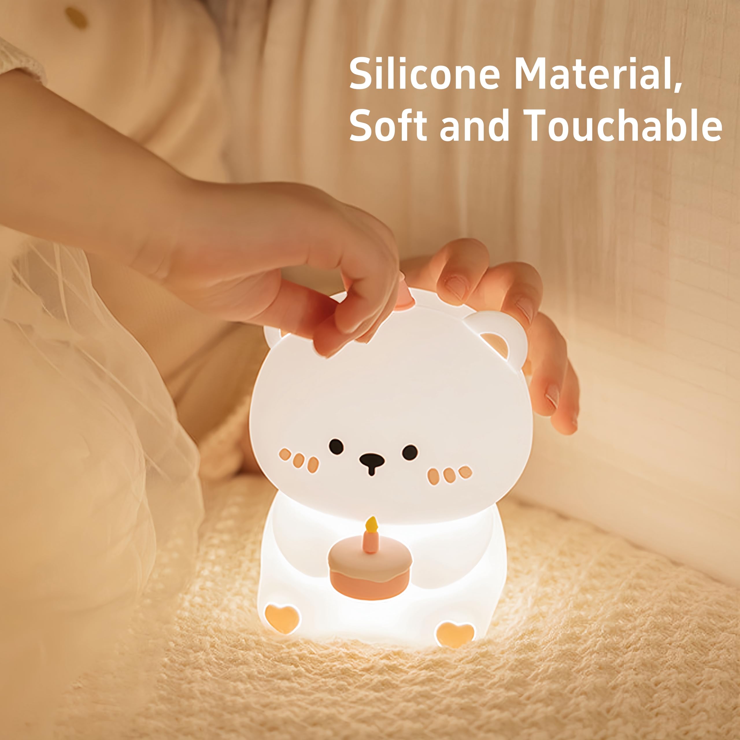 ANGTUO Bear Night Light, Bear Lamp, Cake Night Light for Nursery, Cute Night Light Dimmable and Rechargeable