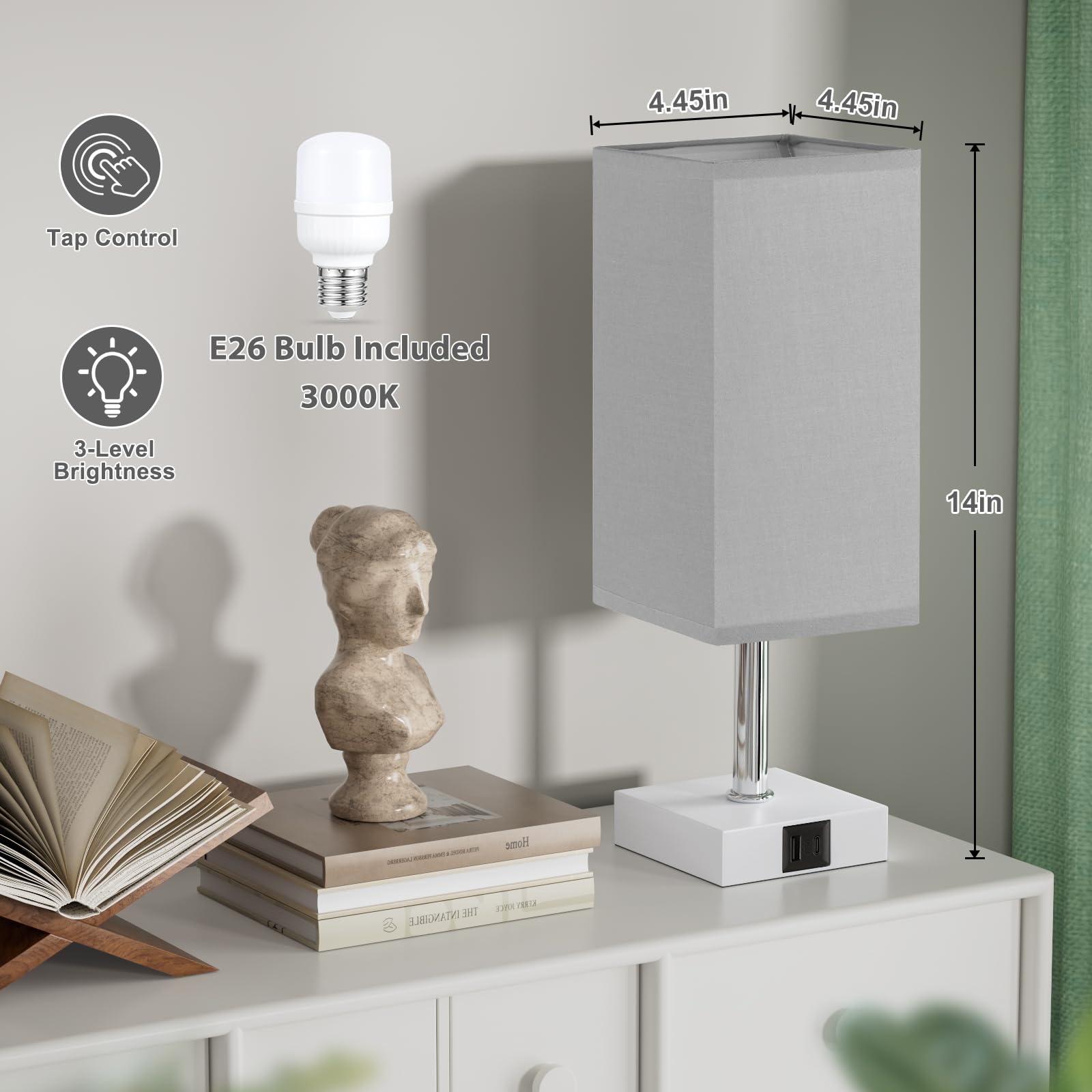 Ambimall Touch Control Table Lamp - USB A+C Charging Ports, LED Bulb Included, Grey Shade, Model RPT-1103