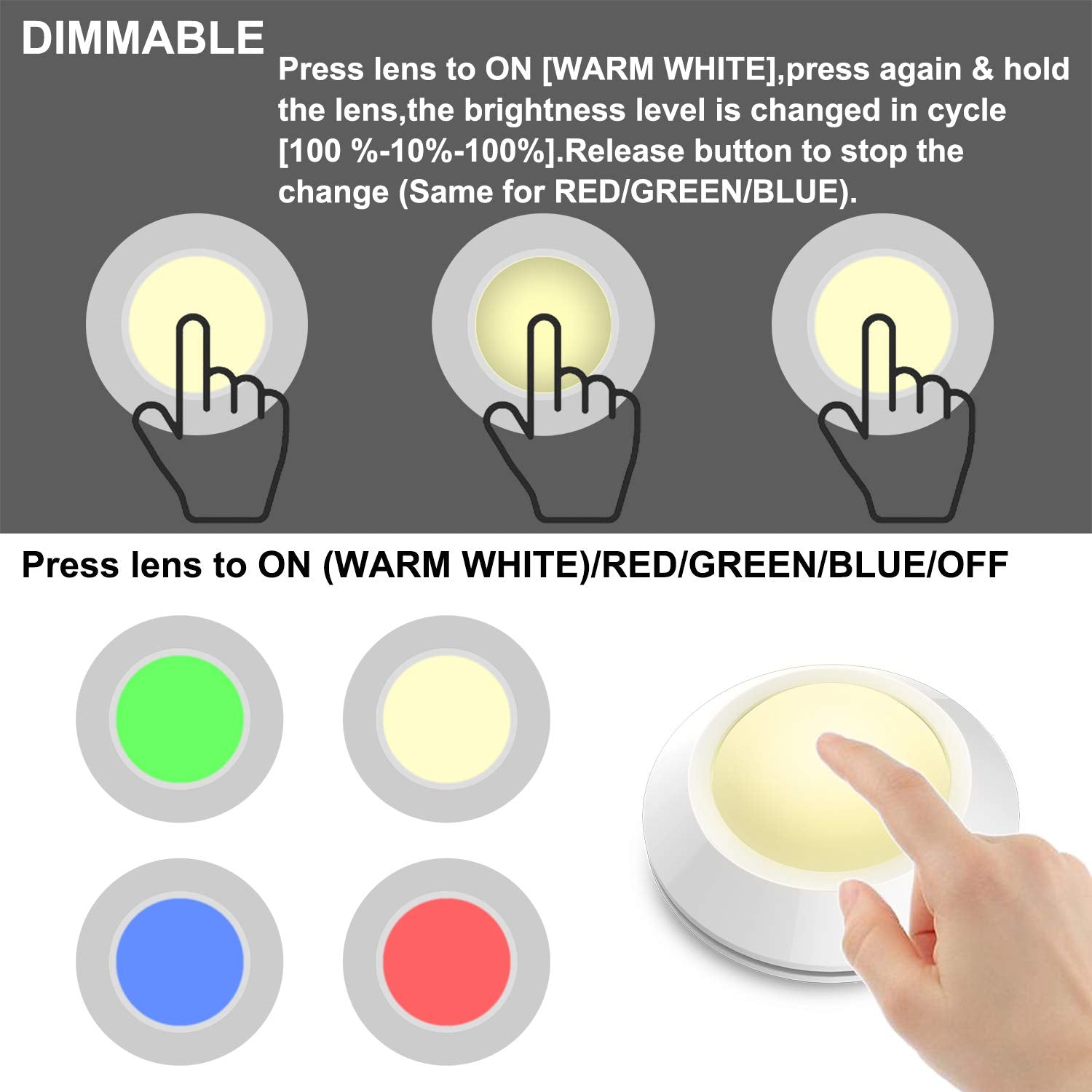 Honwell Push Light - Dimmable Color Changing Led Puck Lights, 4-Pack, Wireless Battery Powered, Ideal For Closets, White1