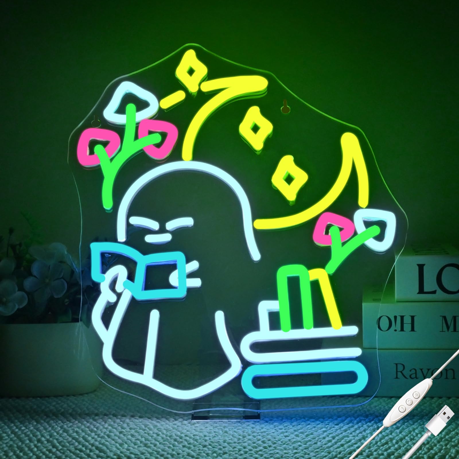 Wanxing Neon Sign - Little Ghost Reading Books, USB Powered Dimmable, Medium Size, Colorful Ghost Reading, Ideal for Kids Library and Decor