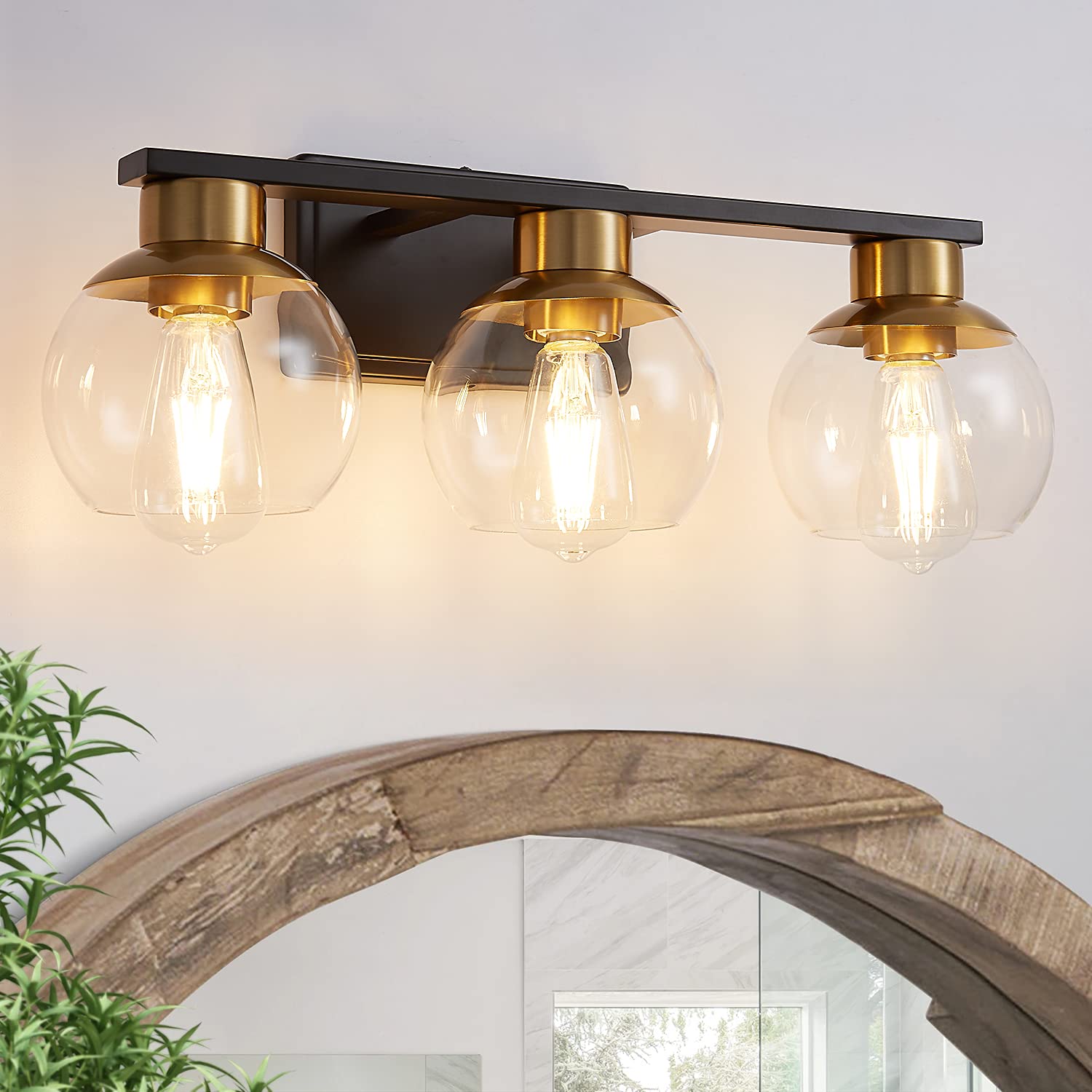 PAZALA 3 Light Black and Gold Vanity Lights for Bathroom Light Fixtures Over Mirror 22 in Globe Glass 1698-3-HJ