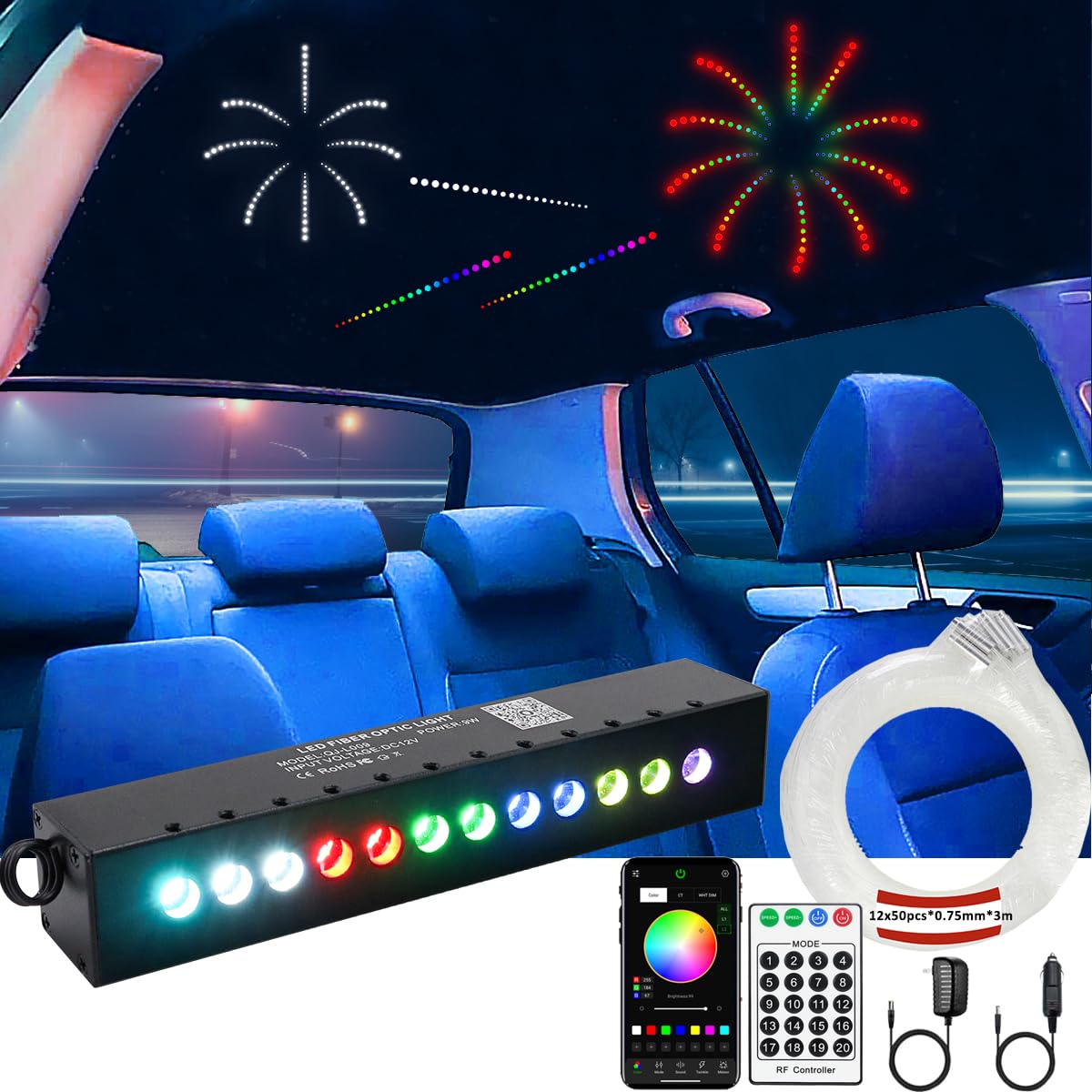AZIMOM RGB 12LED Meteor Shooting Star Kits 600pcs 0.03in 9.8ft Colorful Shooting Star Fiber Optic Starlight Meteor Kits for Car 