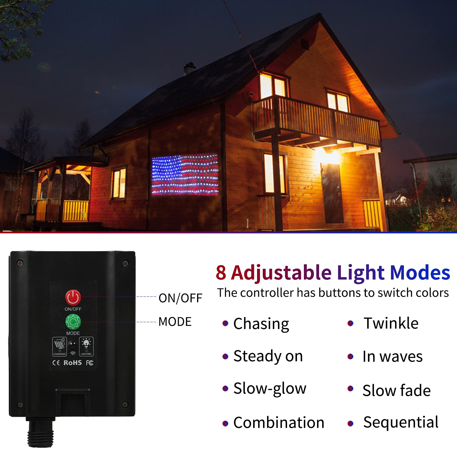 Xtf2015 Solar American Flag Lights, 2 In 1 Solar Powered & Plug In American Flag Light, 420 Led Waterproof Patriotic Ornaments F