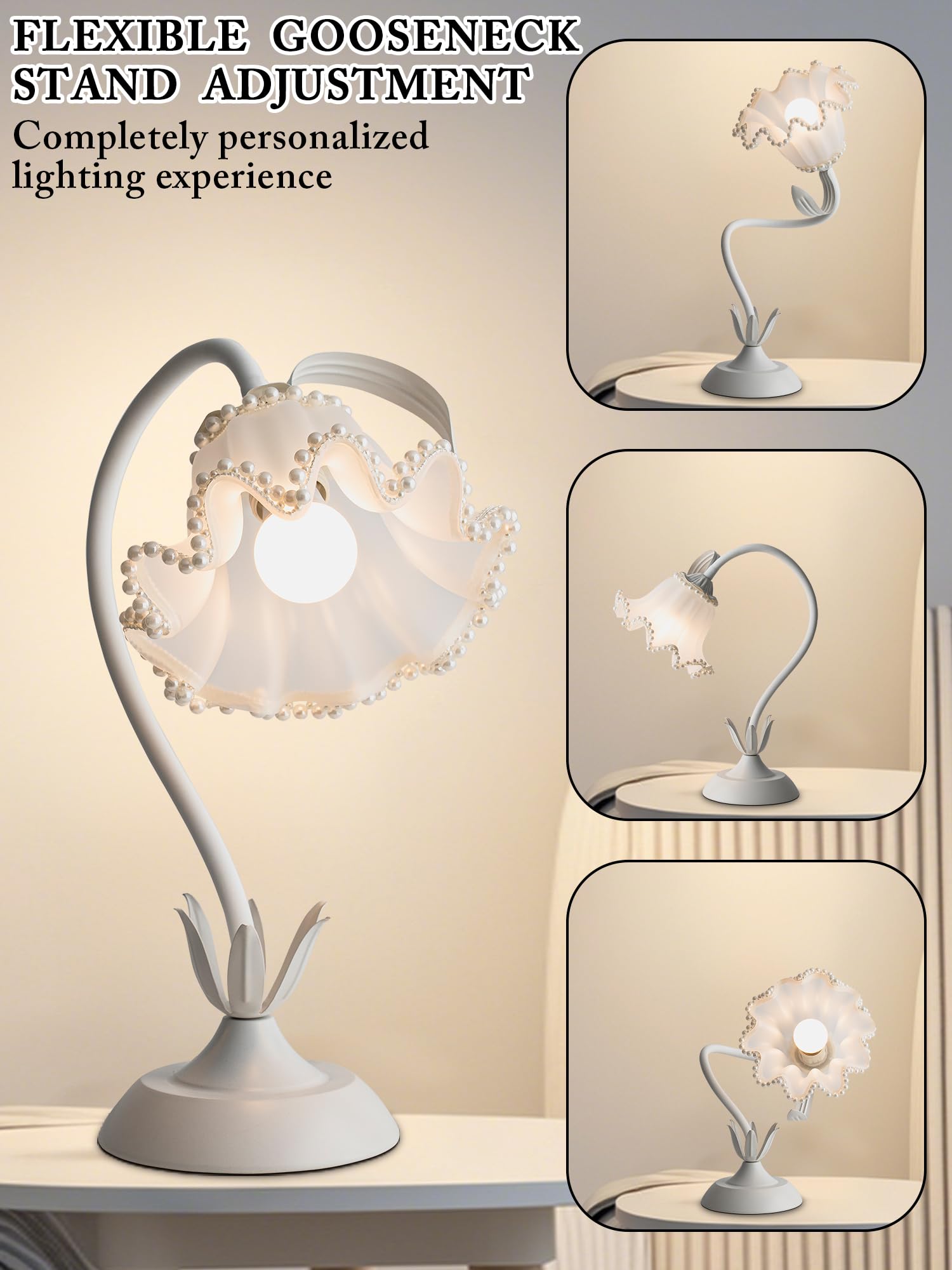 Aqdzcnf Flower Table Lamp Led Reading Light Bedside Vintage Flower Night Light 3 Colors Modes Kawaii Bedside Lamps Decor Living Room Bedroom Room Lighting Table Lamps Home Decoration (White Pearls)