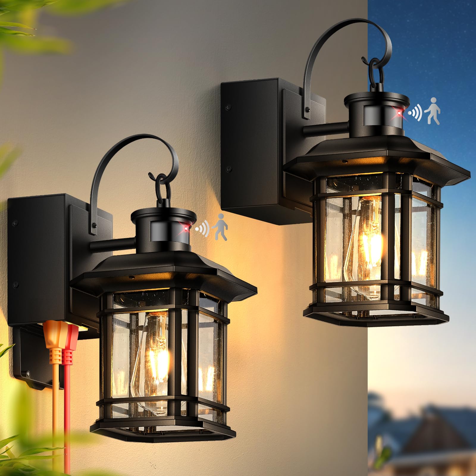 OPAXIS 2 Pack Porch Light with GFCI Outlet  3 Lighting Modes Motion Sensor Outdoor Lights  Dusk to Dawn Outdoor Light with Outlet  Black Outside Lights for House  Garage  Garden  Waterproof  Aluminum