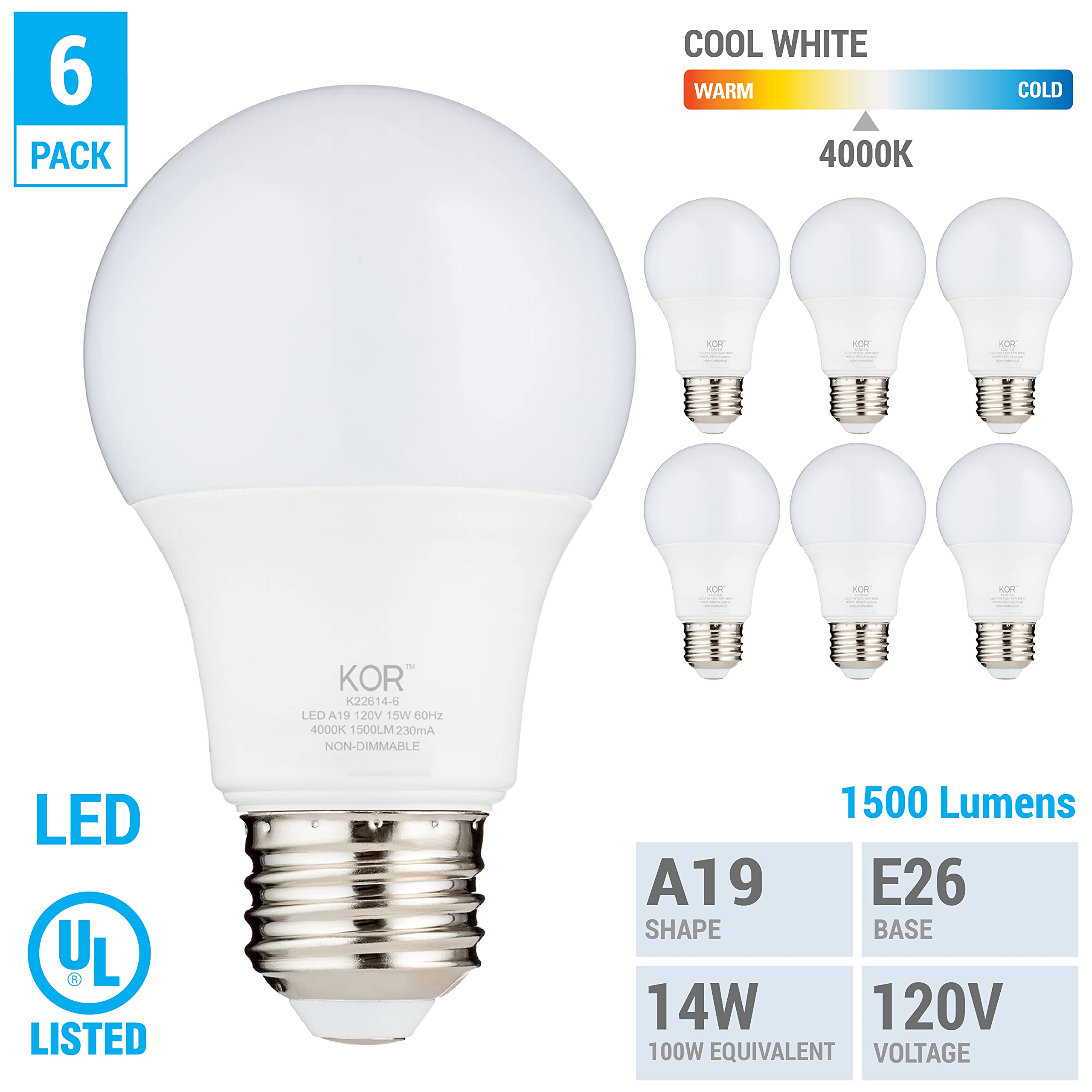Kor 100W Equivalent Led Light Bulbs, 15W 40K 1500 Lumens Cool White 4000K Non-Dimmable, A19 E26 Standard Base, 10000 Hour Lifeti