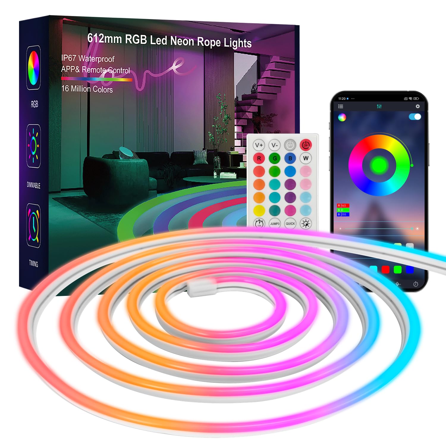 Silfu Neon Rope Lights, 20Ft Rgb Led Strip Lights, Waterproof Ip67, Diy Design, Music Sync, 24 Keys Remote Control, Multiple Modes,For Living Room, Bedroom, Holiday Decoration