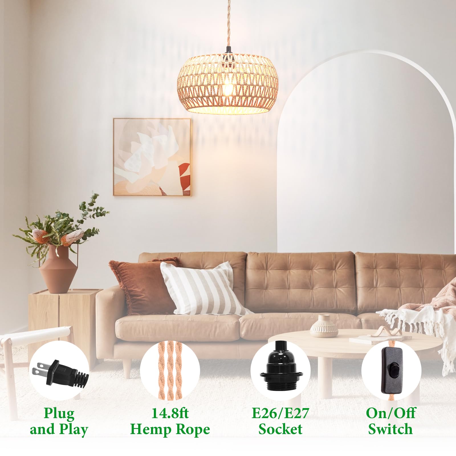 Garvot Plug In Pendant Light Rattan Hanging Lamp, Rattan Pendant Light With On/Off Switch,Rattan Woven Lampshade Hanging Lamp Pl