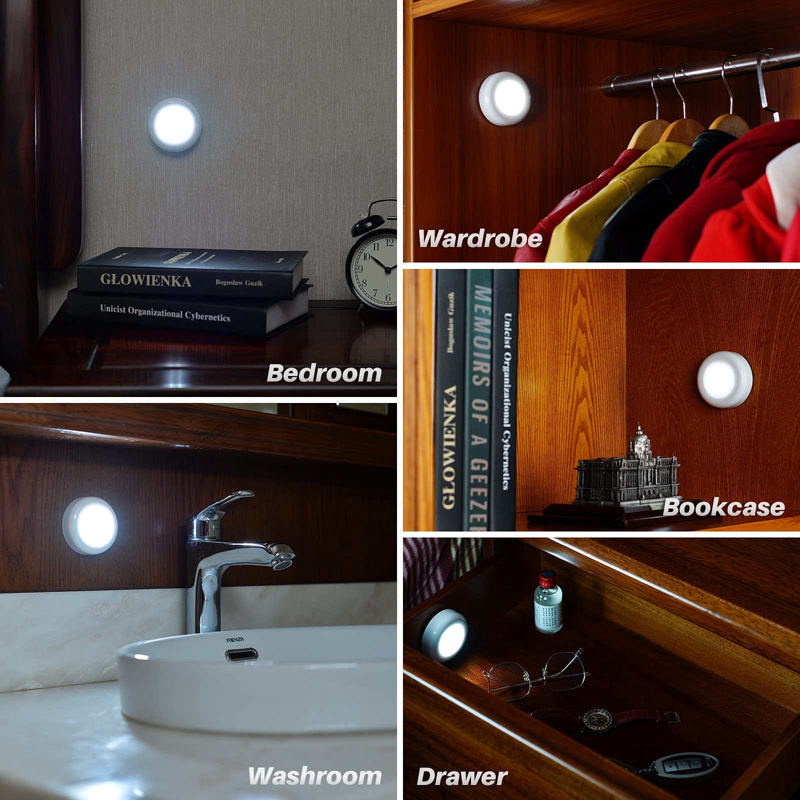 STAR-SPANGLED Motion Sensor LED Puck Lights, 6 Pack, Cool White, Battery Operated, Model CA-21B, Perfect for Stairs & Cabinets
