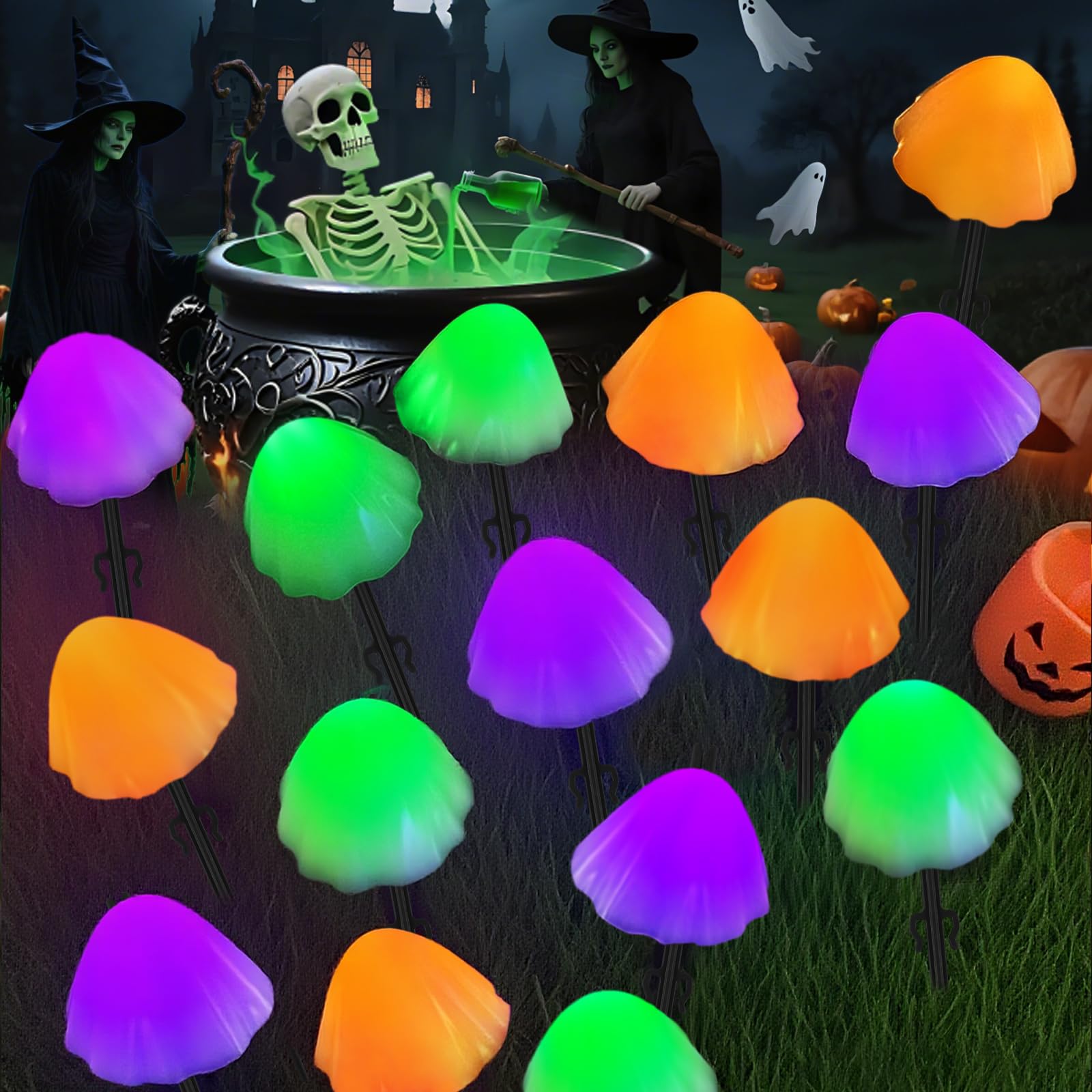 OZS Solar Mushroom String Lights, 2 Pack, 55FT, 32 LED, 8 Lighting Modes, Halloween Colors: Orange, Purple & Green