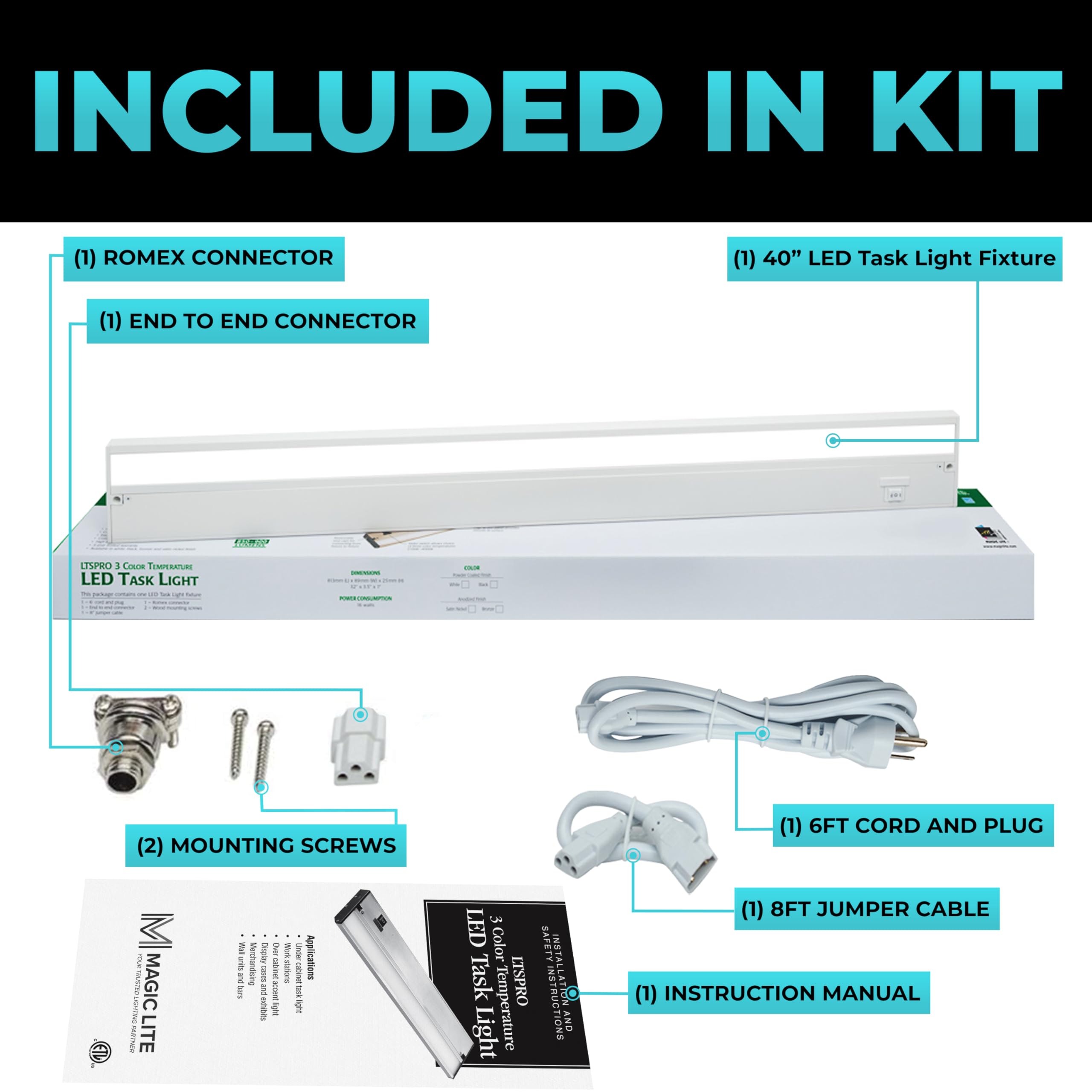 Led Under Cabinet Lighting Hardwired - Linkable Undercabinet Lights For Kitchen - 3Cct 40 Inch White Finish - Undercounter Dimmable Plug In Light Or Hard Wired - Under Counter Fixture Direct Wire
