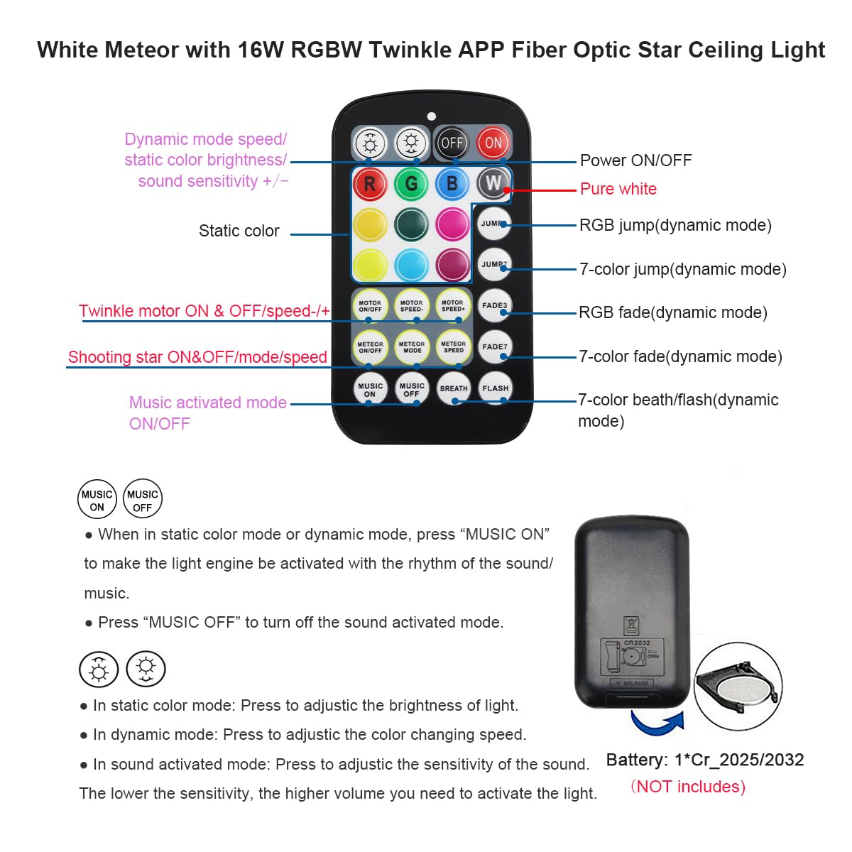 Akepo Small Size 16W Twinkle Meteor App Fiber Optic Light Kits, Shooting Star+Rgbw Music Activated 550Pcs 0.03In/0.75Mm 9.8Ft/3M