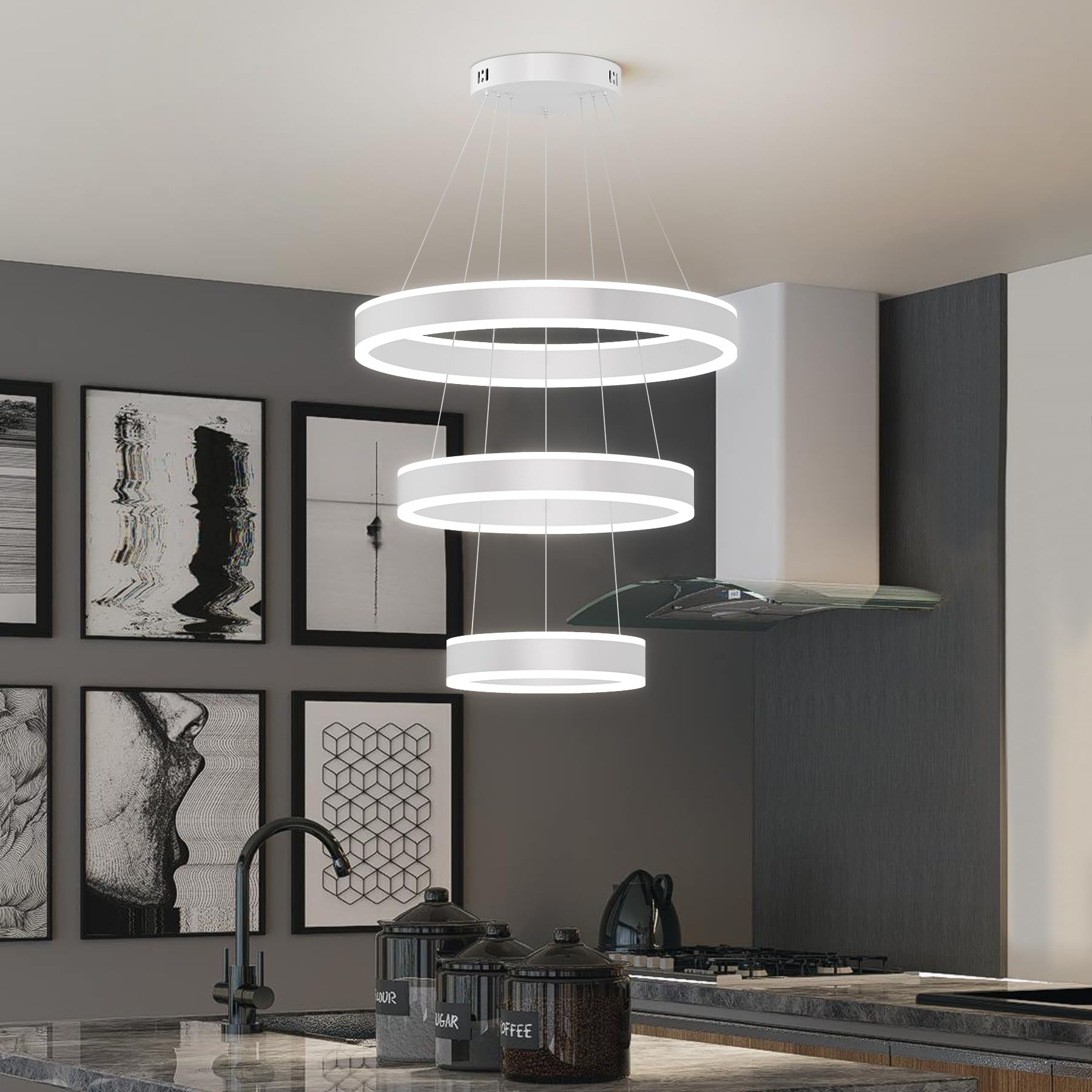 ONEELDY Modern LED Chandeliers Adjustable Hanging White Pendant Light Fixture 3 Ring Flush Mount Chandeliers for Bedroom Kitchen Island Cafe