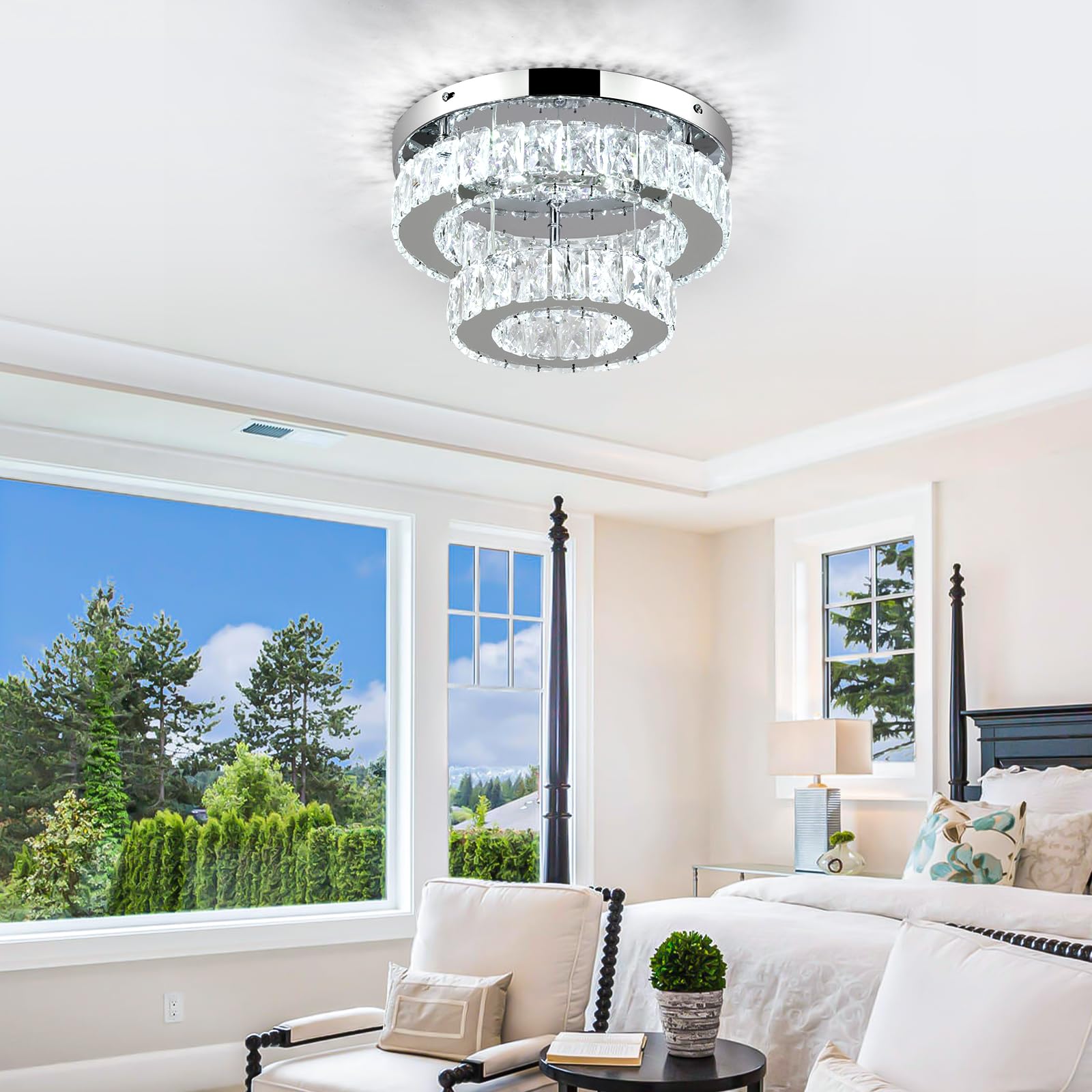 11.8 Inch Modern Mini Crystal Chandelier Led Flush Mount Ceiling Light - 2 Layer K9 Crystal, Small Chandelier For Bedroom, Hallw