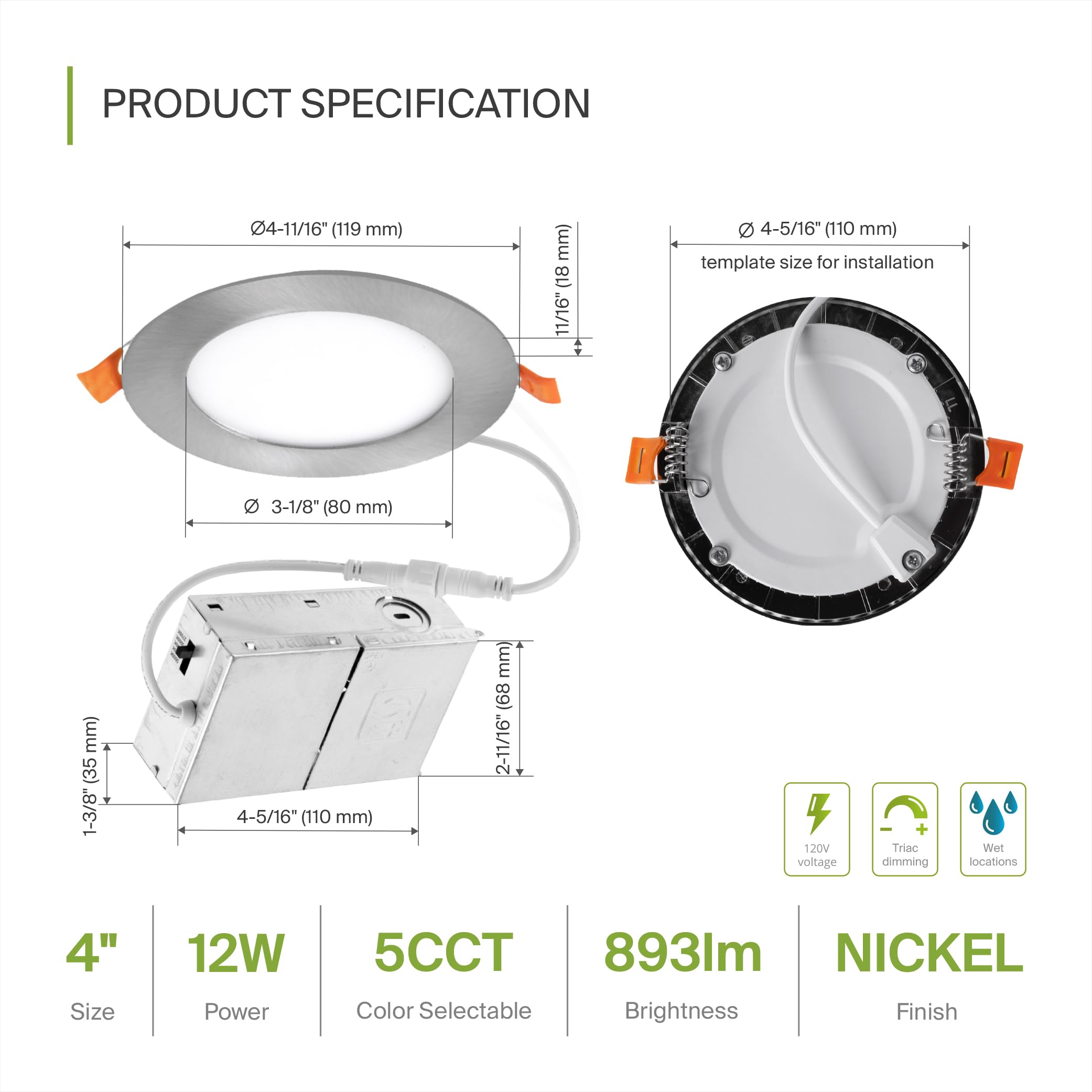 ASD 6 Pack LED Recessed Lighting, 12W 4 Inch Ultra Thin Dimmable Ceiling Lights, Brushed Nickel, Model A-JBR-4D12AC-NK(