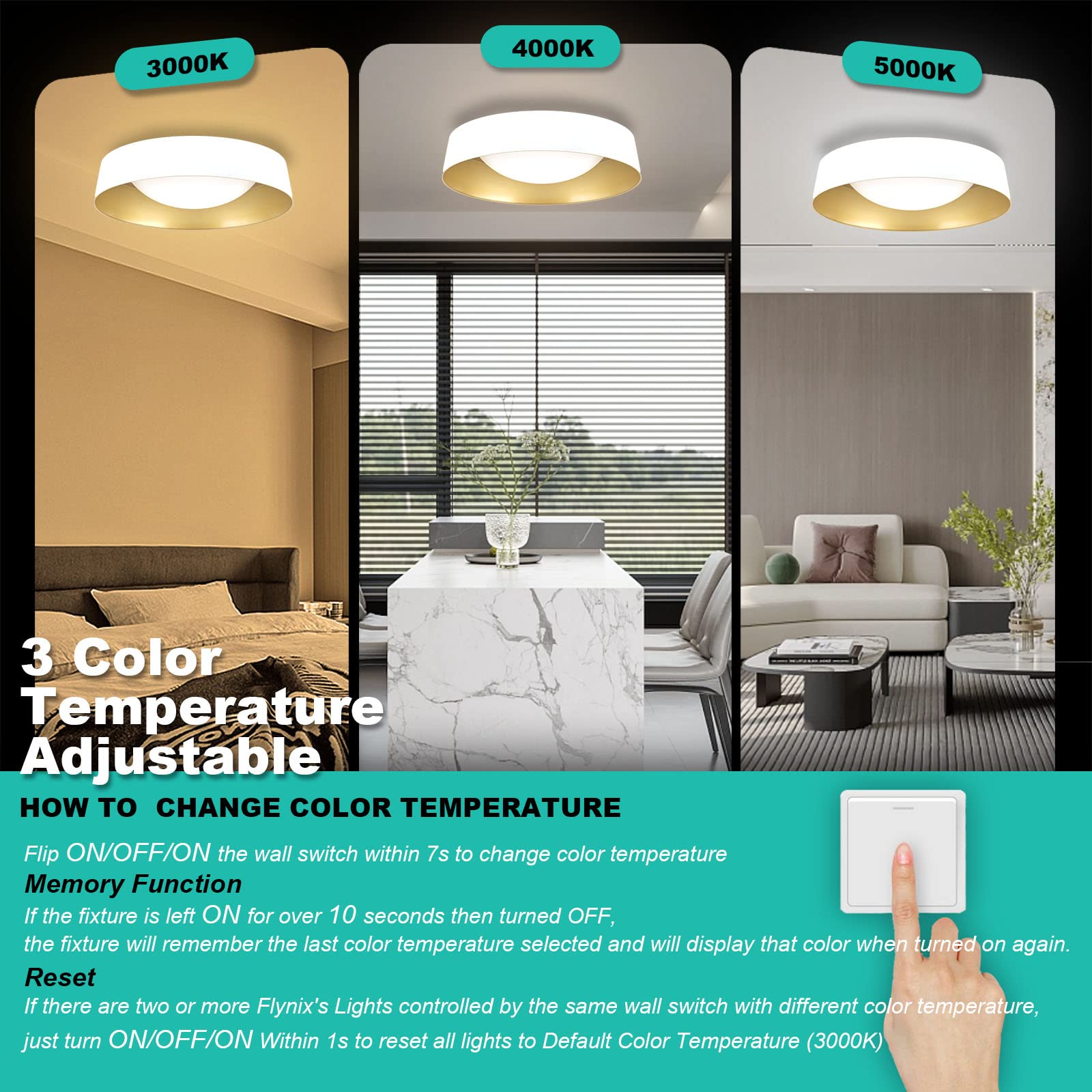 Flynix 15.5 Inch Led Flush Mount Ceiling Light Fixture, 26W, Super Bright 1800 Lumen, 3 Color 3000K/4000K/5000K, Matt White With