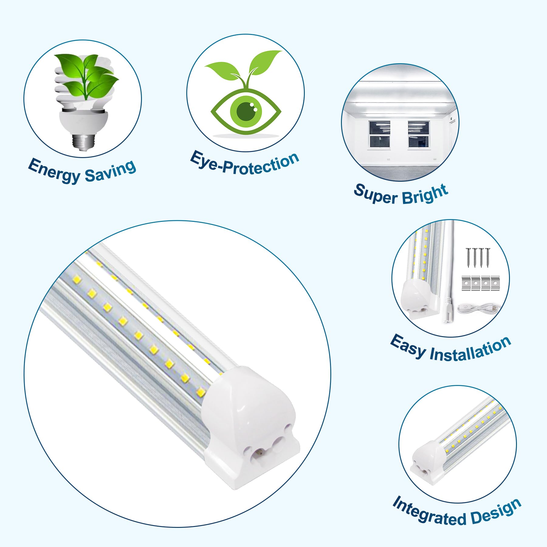 Szskying (25 Pack 8Ft Led Shop Lights,T8 Led Bulbs Daylight White,72W 7200Lm 6500K,High Output Clear Cover,Integrated,8 Led Ligh