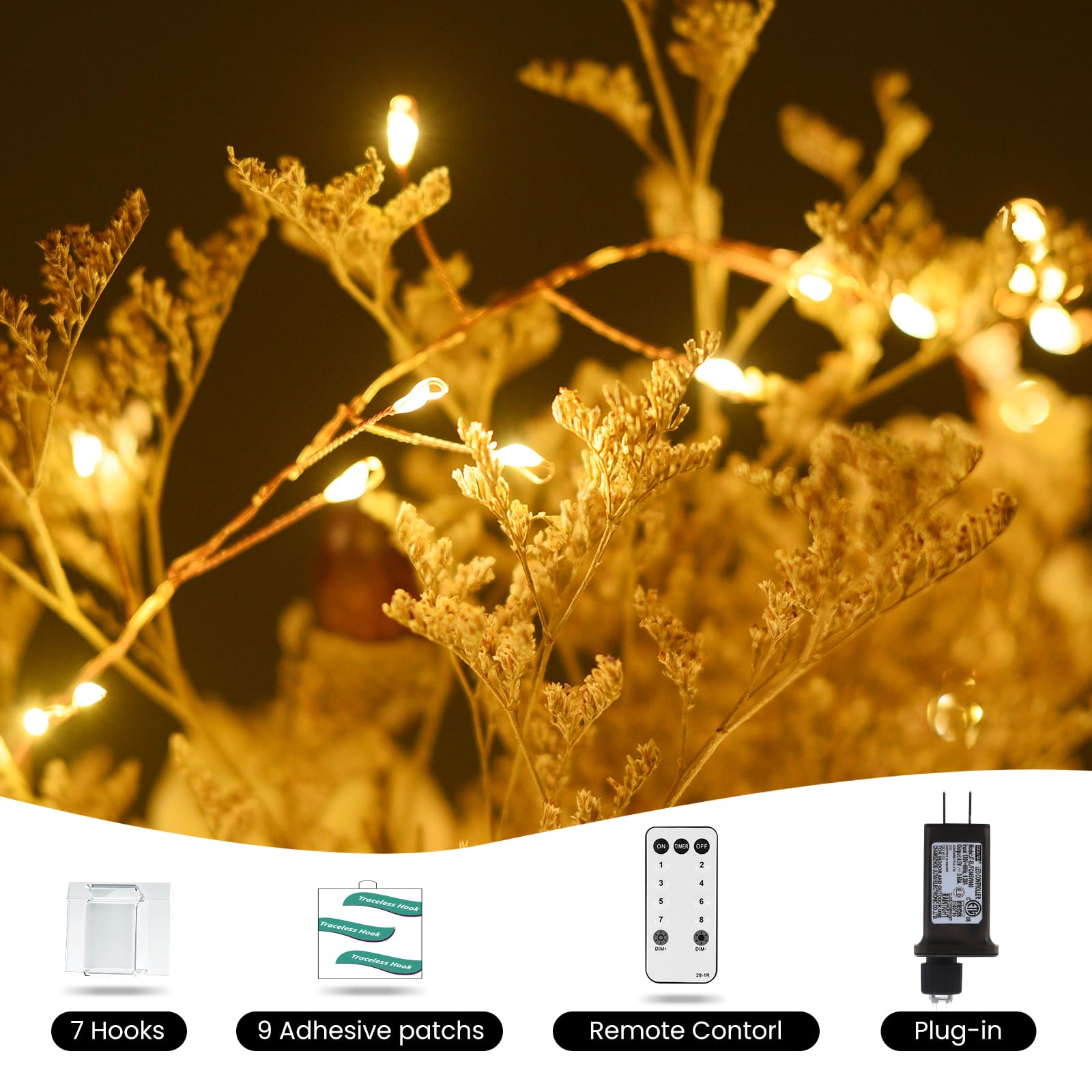 Dailyart 300 LED Fairy Lights, Warm White, 10ft Gold Copper Wire, Waterproof, Remote Control, 8 Modes, Model 300LED-JS