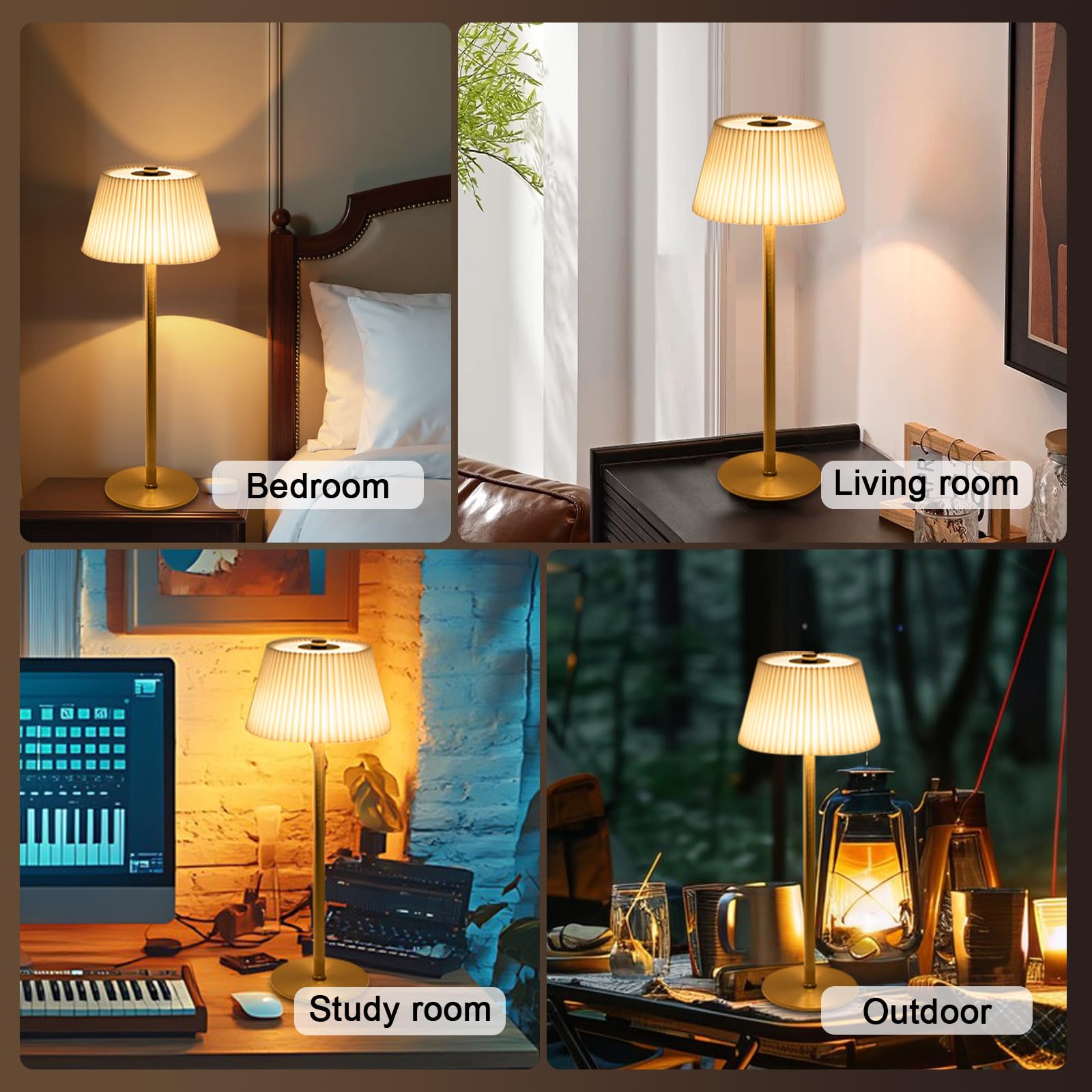 Cordless Table Lamp Rechargeable Small, 4000Mah Led Desk Lamps Gold Fabric Pleated Shade Battery Operated Lamp With 3 Colors Ste