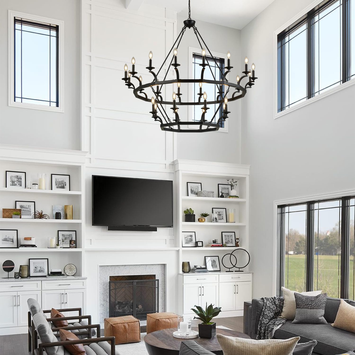 Brfaixla 2 Tiers 24 Lights Large Wagon Wheel Chandelier 52.6'' Rustic Black Metal Ceiling Pendant Light Fixture Industrial Chand