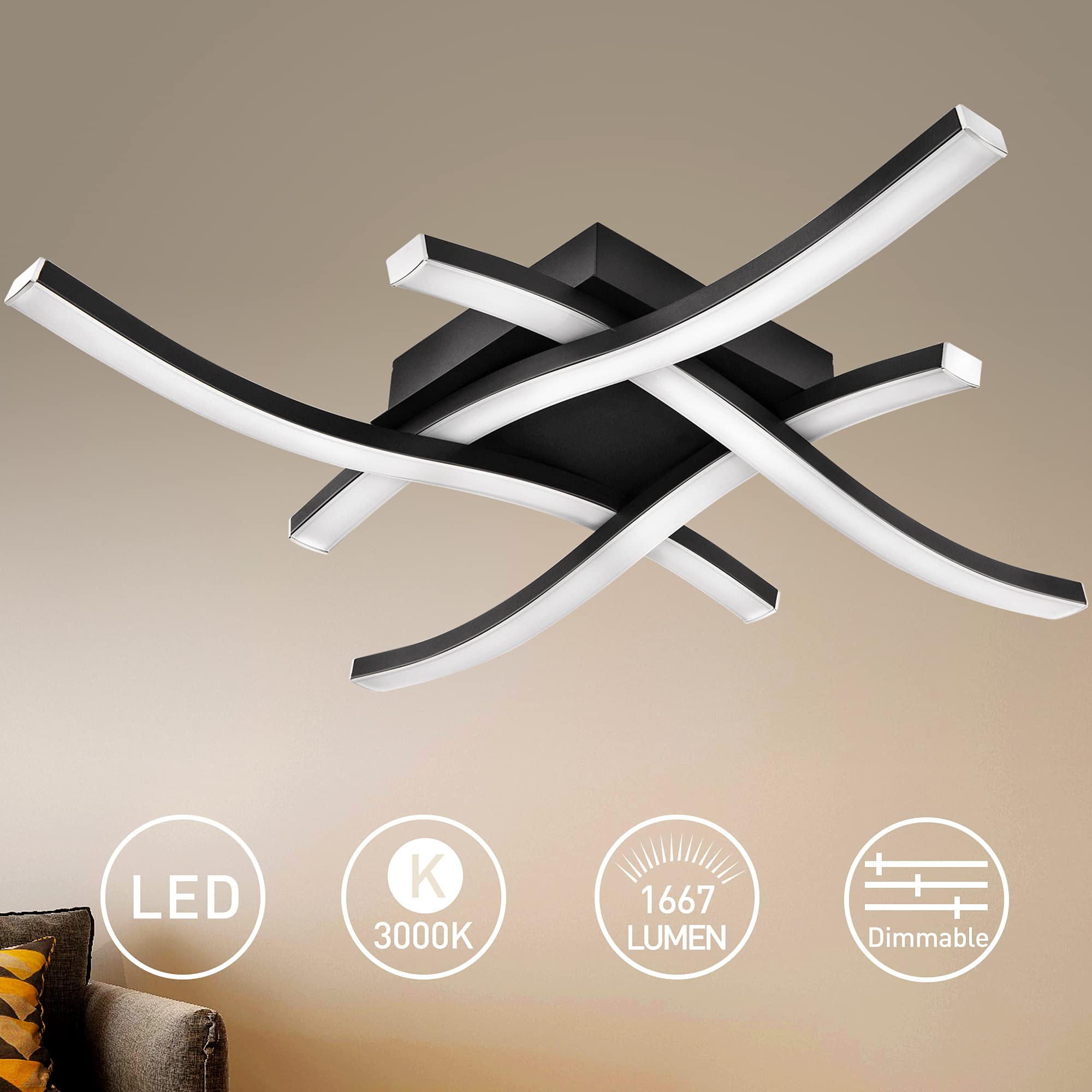 EDISLIVE Modern Dimmable LED Ceiling Light 4-Light 18in Black 3000K Flush Mount Fixture