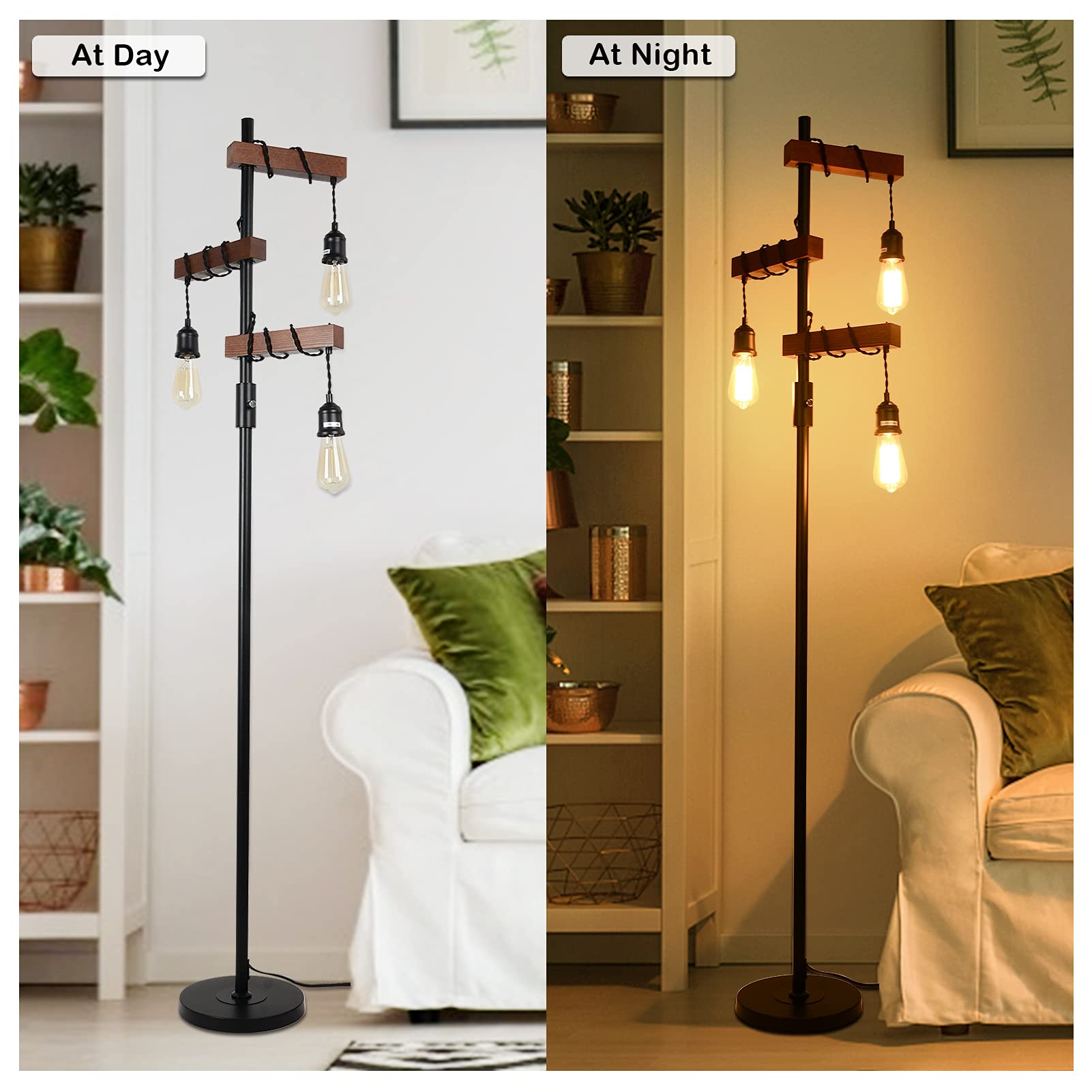 Airposta Industrial Floor Lamp - 68" Rustic Wood & Metal, 3 Lights, Black Pole, Sturdy Base for Living Room/Bedroom/Office