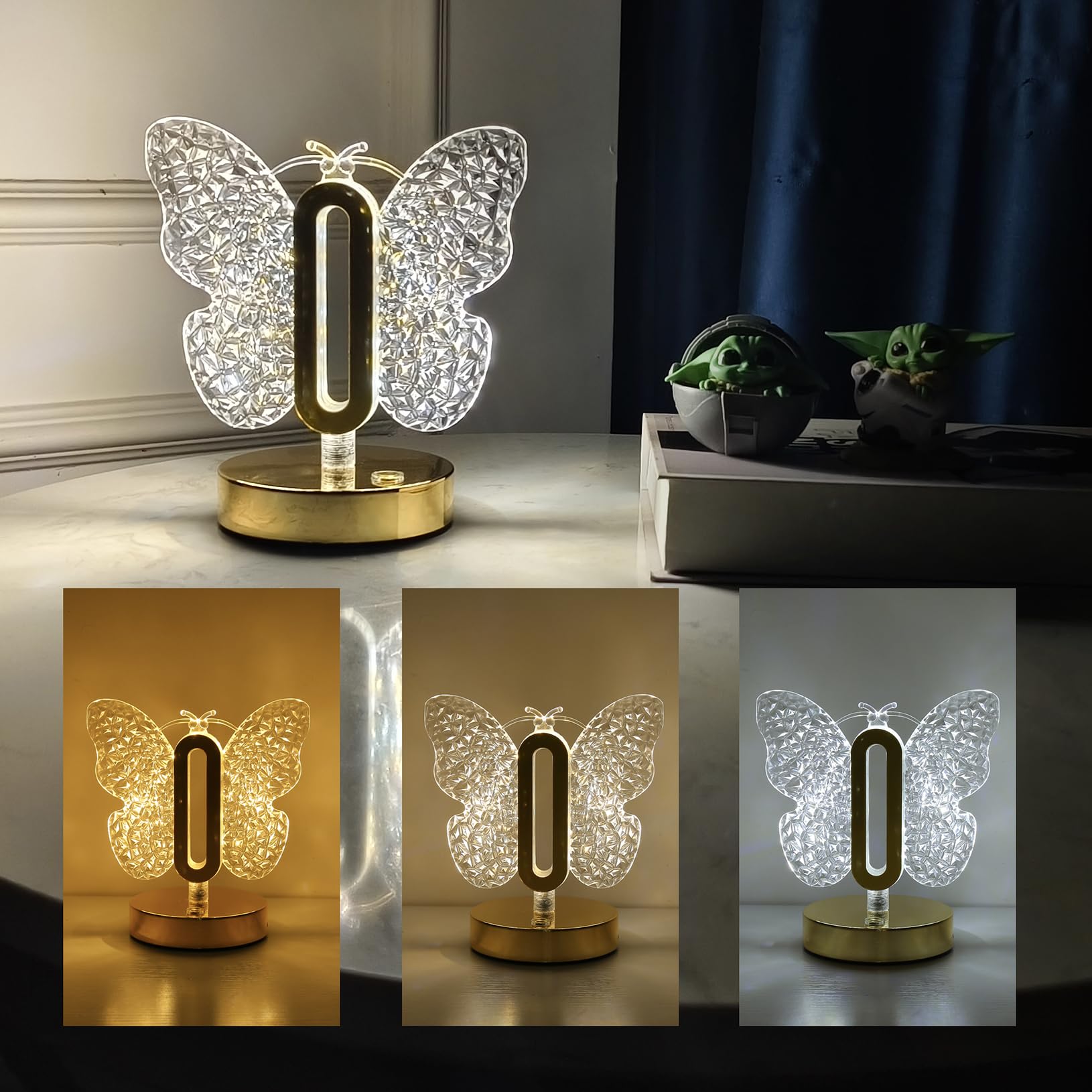 Yinhamnl Butterfly Table Lamp, 3 Colors Stepless Dimmable Table Lamp, Touch Control Night Light, Usb Rechargeable Beside Lamp, C