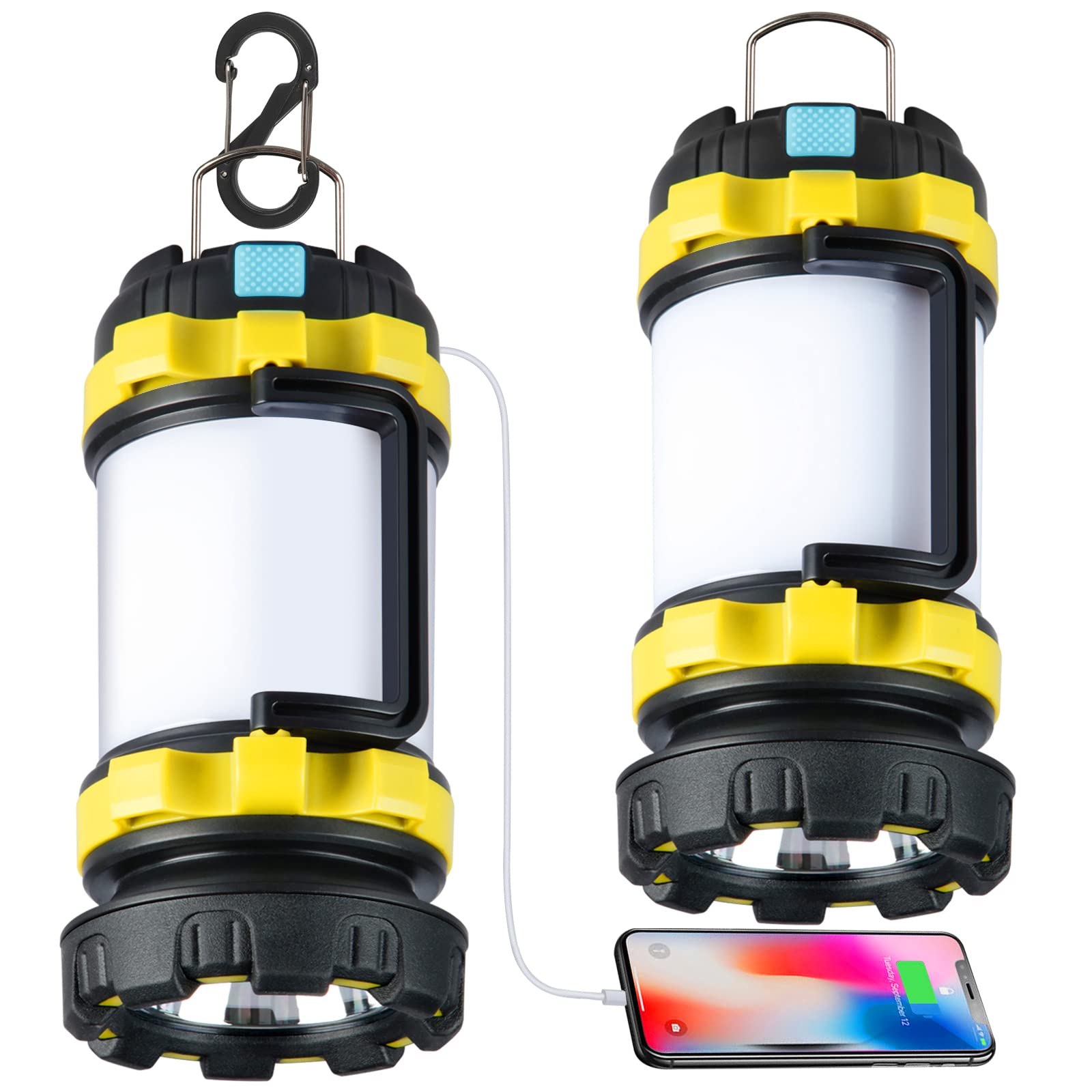 BOBKID 2 Pack Camping Lantern, LED Light 1000LM, Rechargeable, IPX5 Waterproof, 4000mAh Power Bank, Yellow, Model KJ-1296