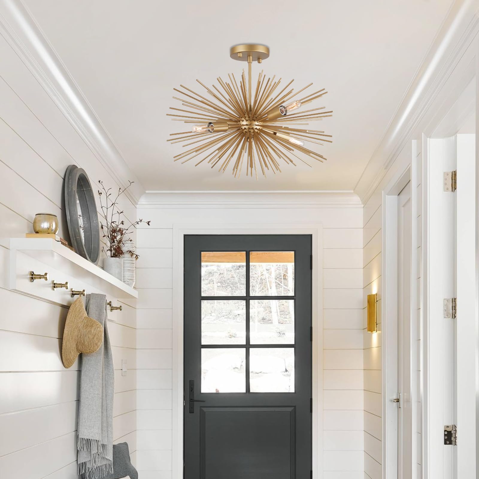 Cawabien Starburst Chandelier, 4 Lights Modern Gold Sputnik Chandelier Vintage Light Fixture Flush Mount Ceiling Light For Bedro