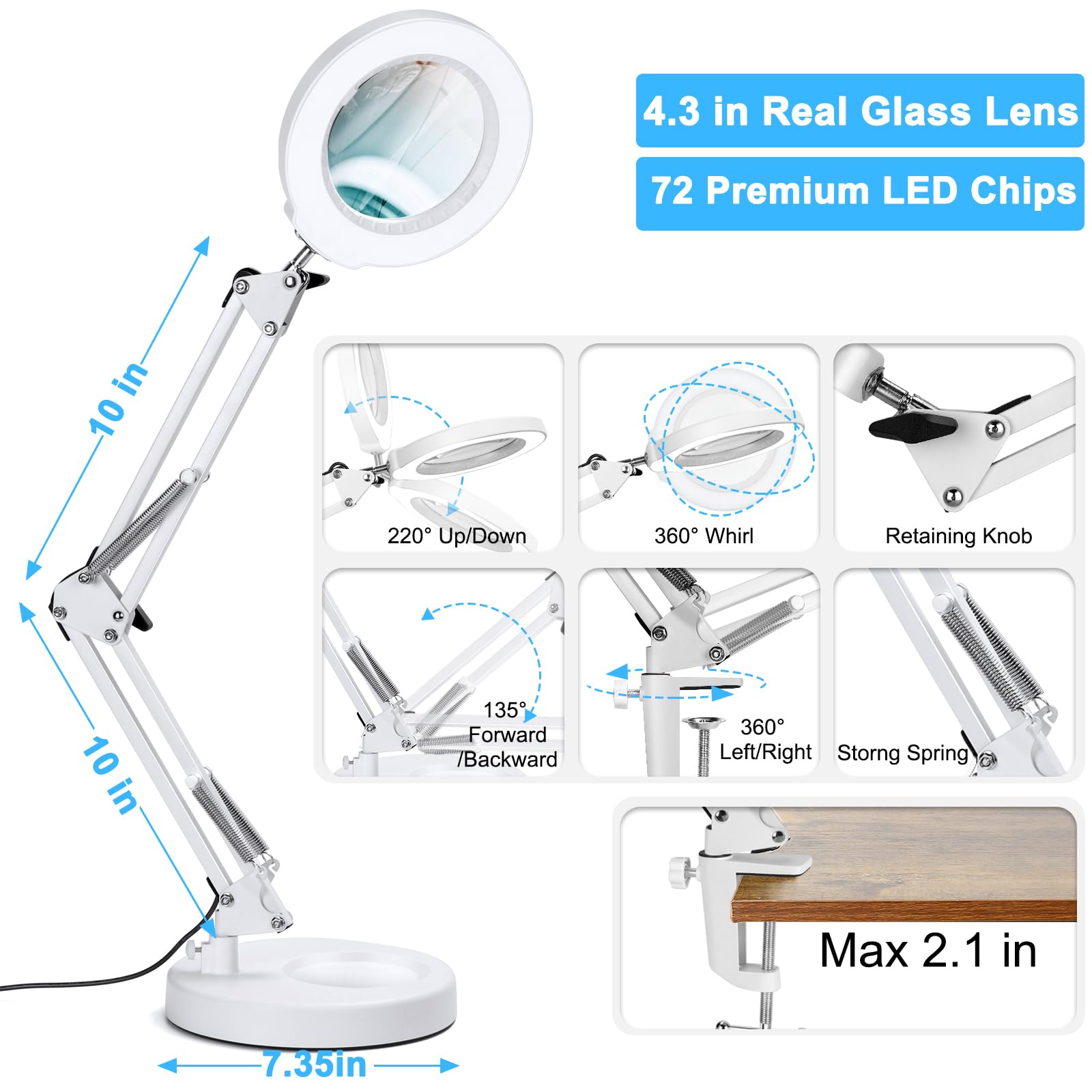 10X Magnifying Glass With Light And Stand, 5 Color Modes Stepless Dimmable 2-In-1 Lighted Magnifier With Clamp, Led Desk Lamp Ha